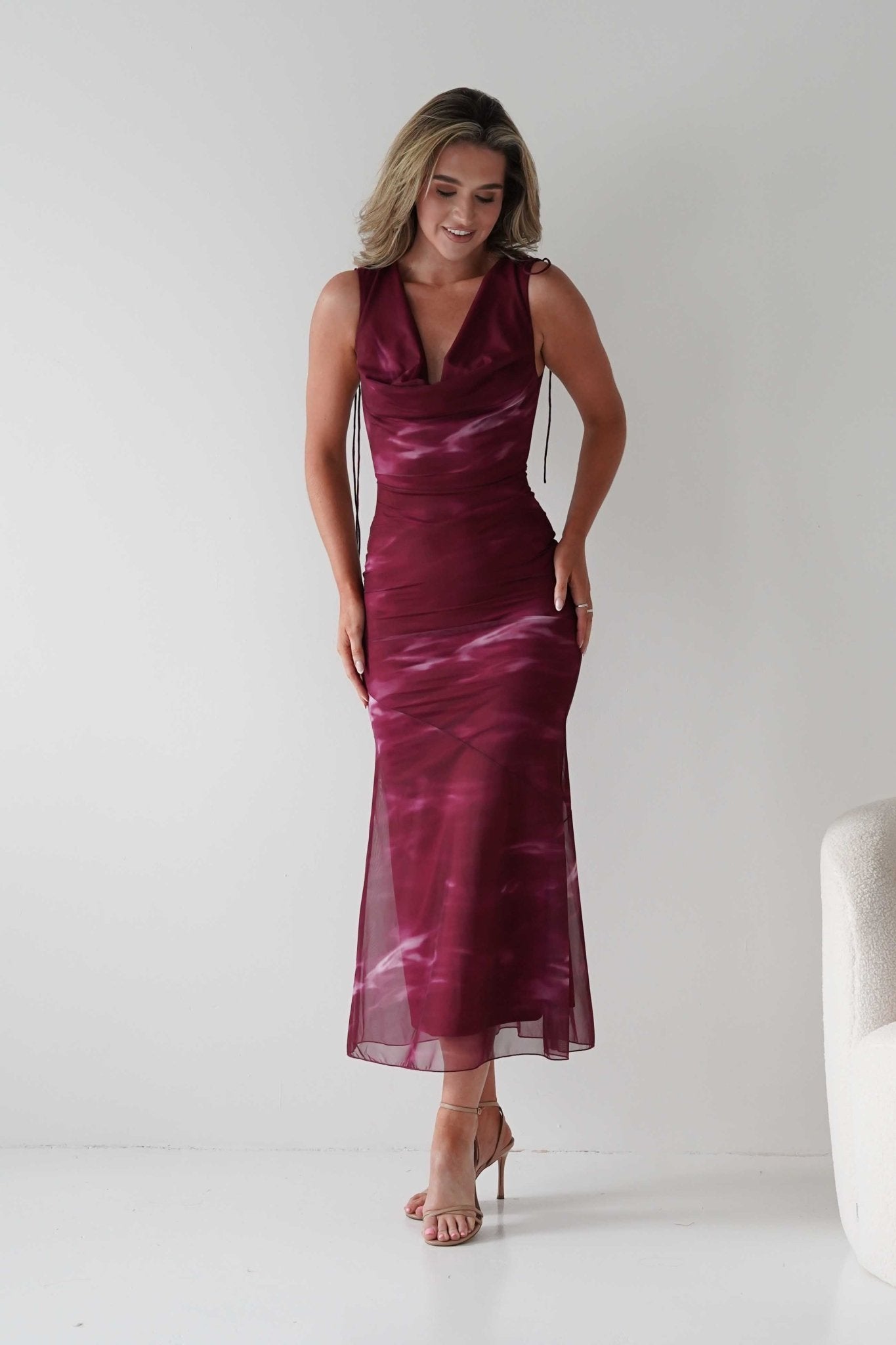 Drew Mesh Printed Maxi Dress | Wine Print | Oh Hello Clothing | XS (6)