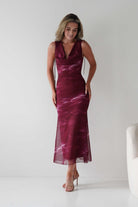 Drew Mesh Printed Maxi Dress Wine Print | Wedding Guest Dress | Maxi | Mesh | Oh Hello Clothing