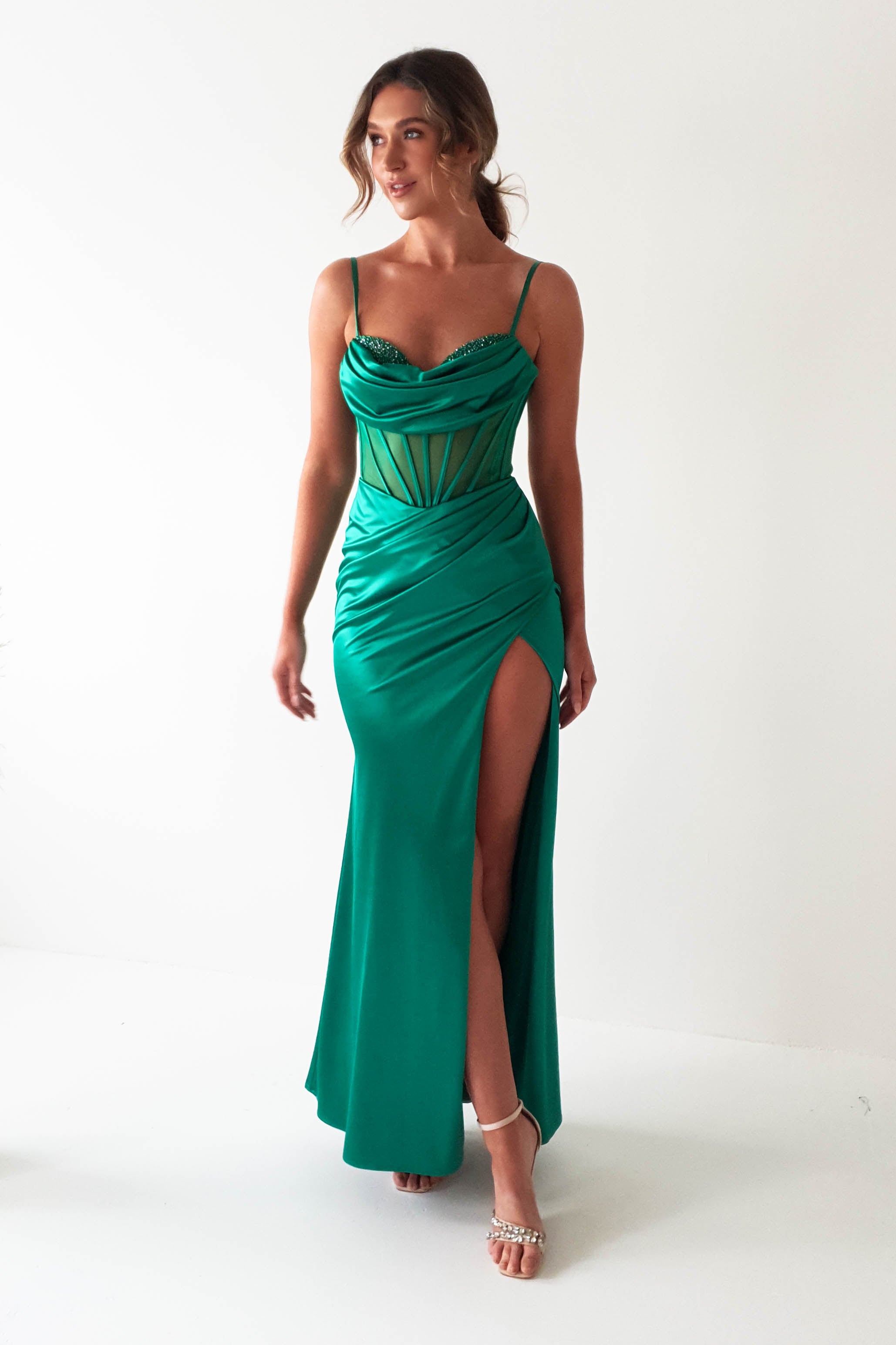 Ebony Mesh Bust Corset Gown | Emerald Green