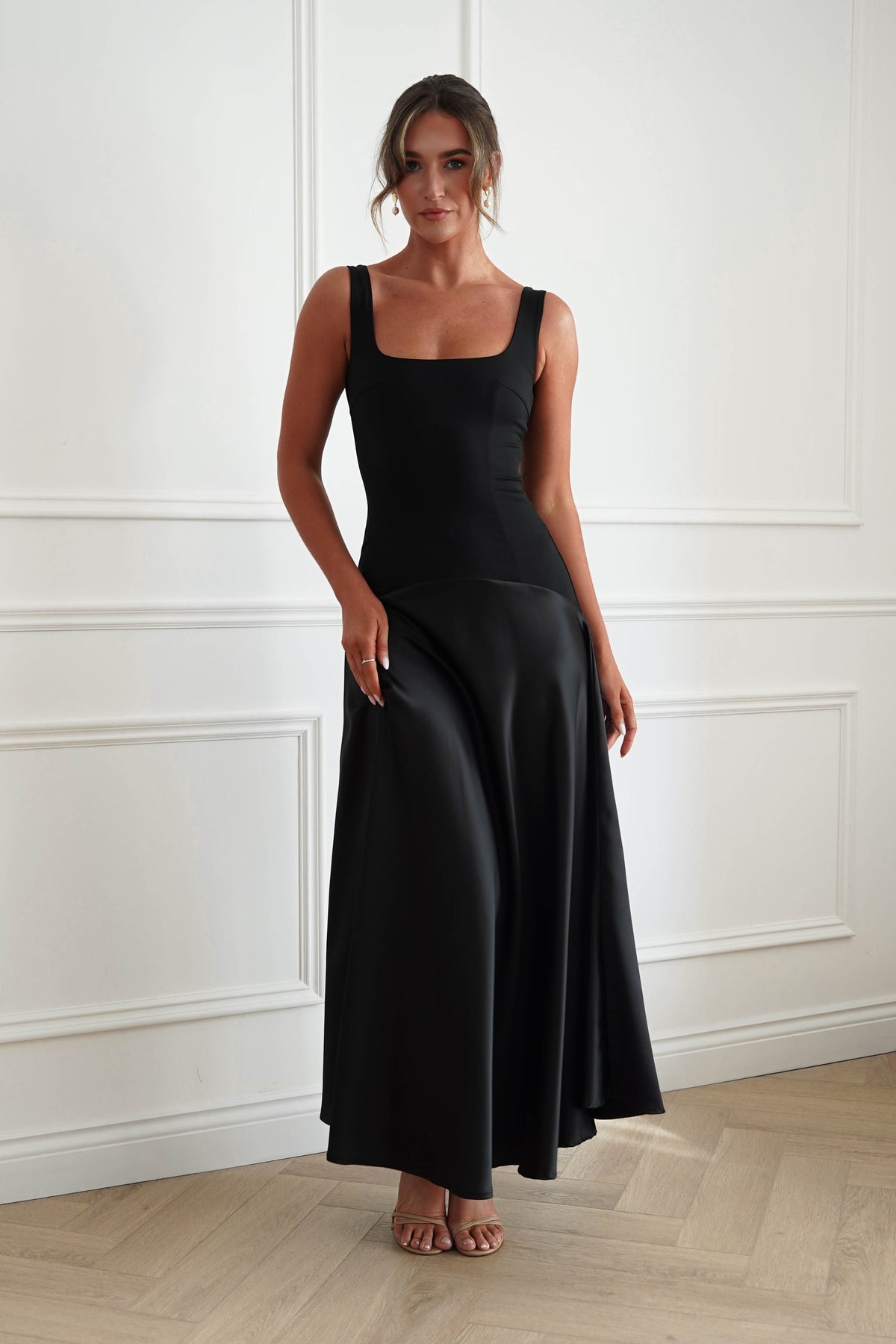 Oh Hello Clothing Dresses > Prom Dresses Elena Square Neck Soft Satin Maxi Dress | Black