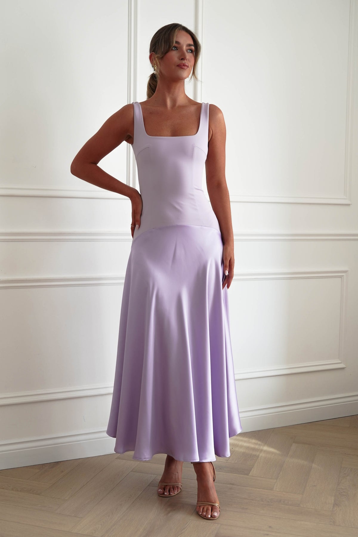 Oh Hello Clothing Dresses > Prom Dresses Elena Square Neck Soft Satin Maxi Dress | Lilac