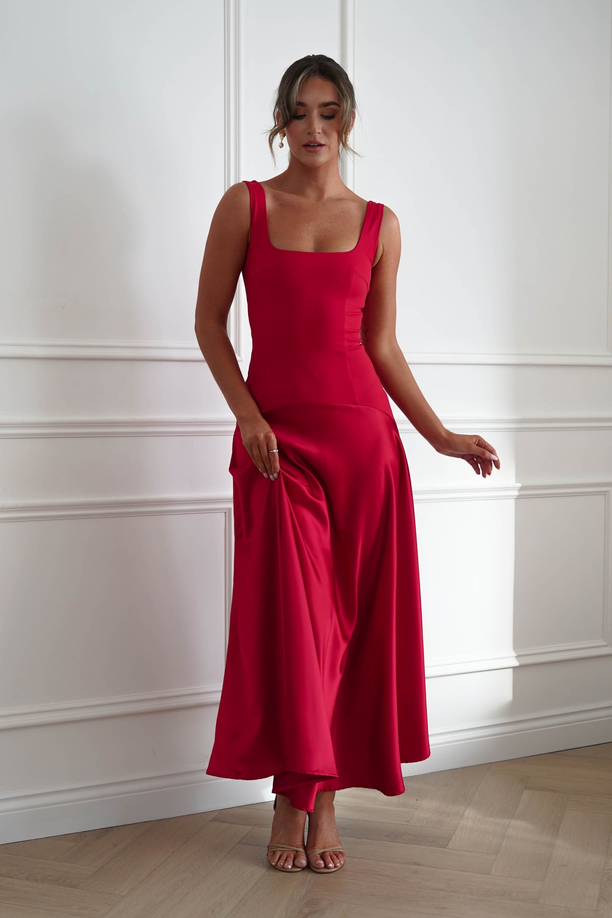 Oh Hello Clothing Dresses > Prom Dresses Elena Square Neck Soft Satin Maxi Dress | Red