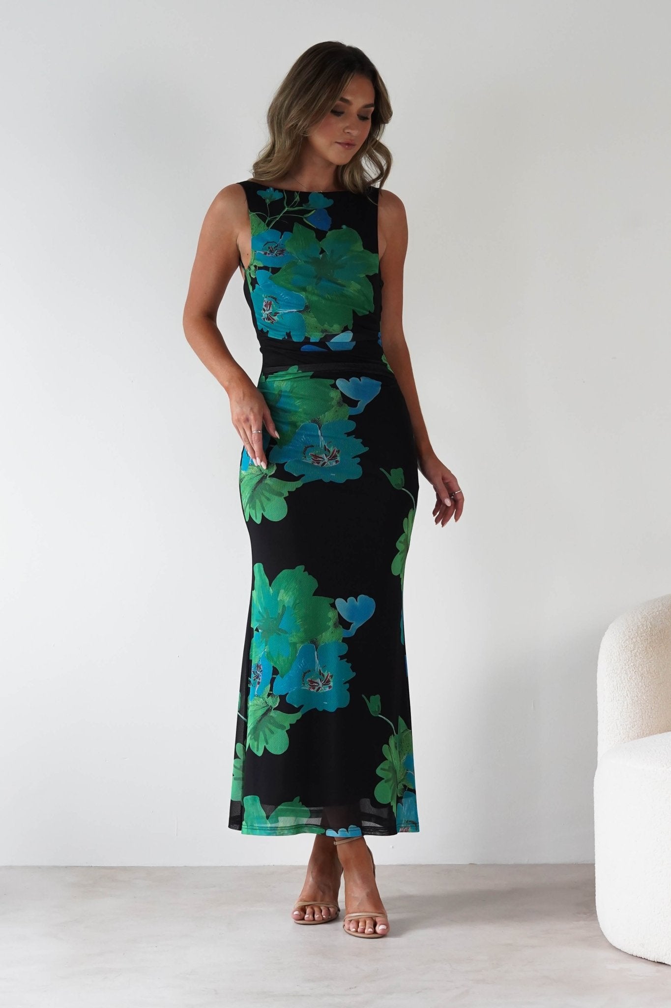 Elysia Bodycon Mesh Maxi Dress Black/Green | Wedding Guest Dress | Bodycon