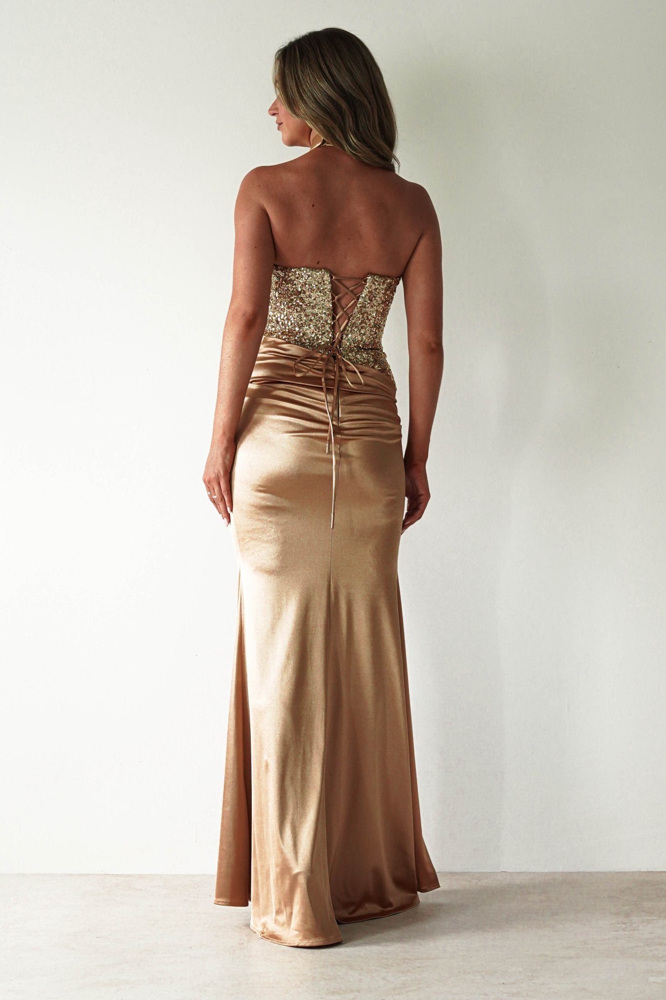 Elysia Sequin Embellished Bodice Gown | Gold | Oh Hello Clothing | XS (6)