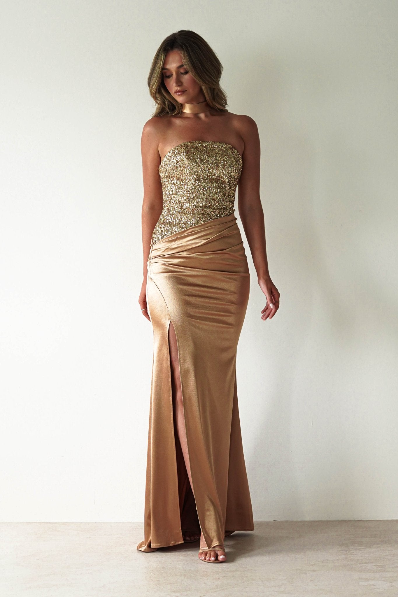 Elysia Sequin Embellished Bodice Gown | Gold | Oh Hello Clothing | XS (6)