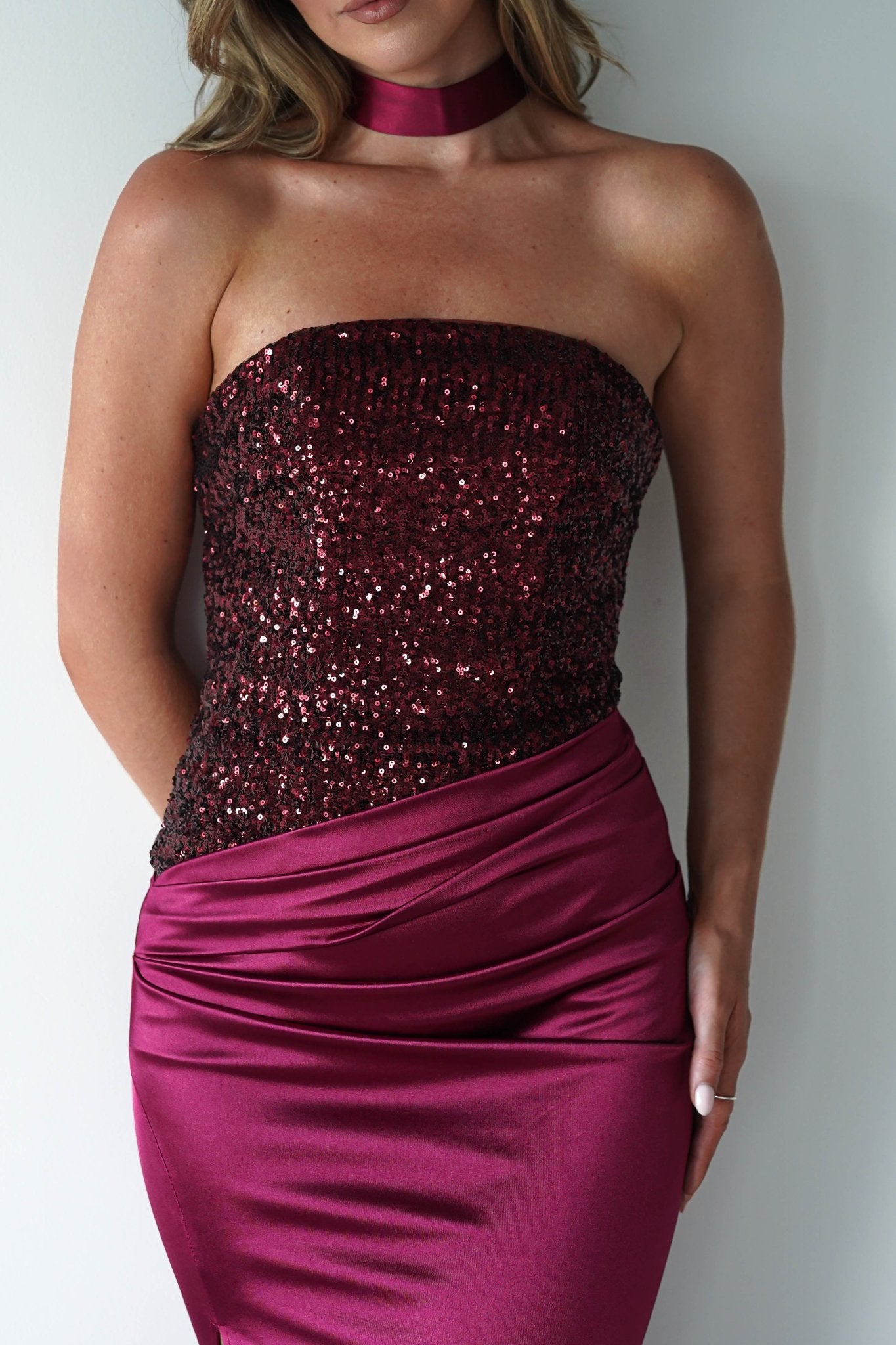 Elysia Sequin Embellished Bodice Gown | Wine | Oh Hello Clothing | XS (6)