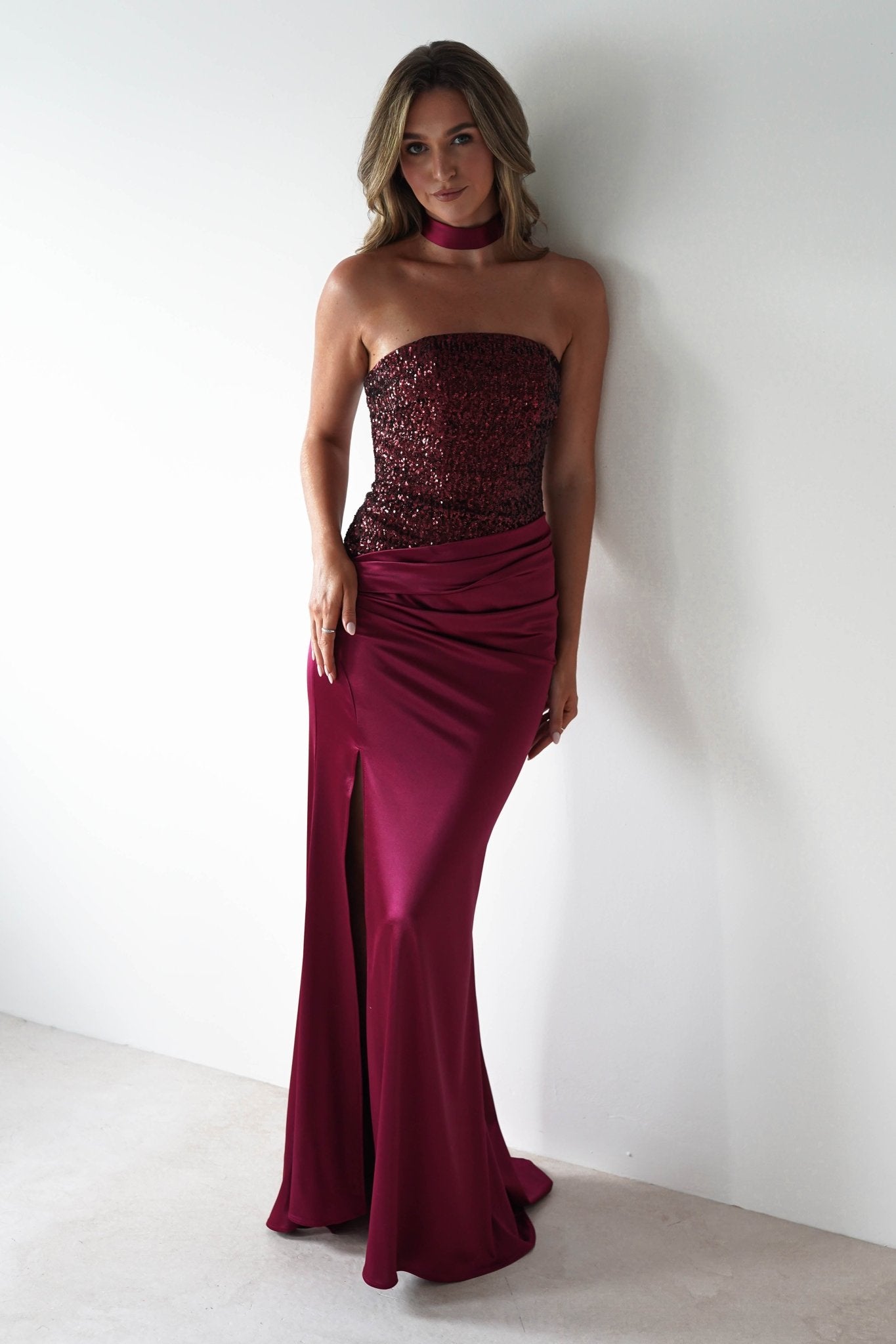 Elysia Sequin Embellished Bodice Gown | Wine | Oh Hello Clothing | XS (6)