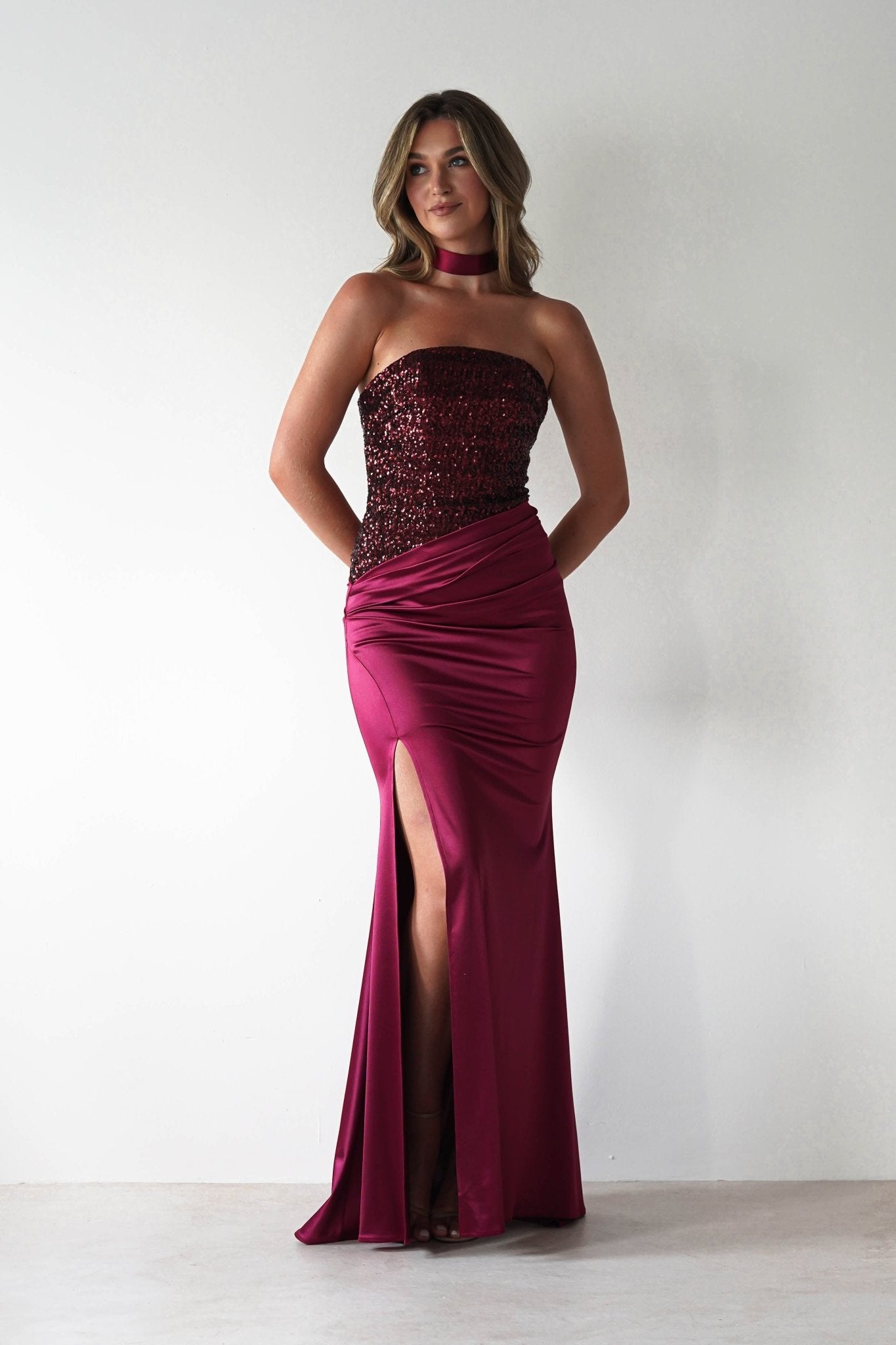 Elysia Sequin Embellished Bodice Gown | Wine | Oh Hello Clothing | XS (6)