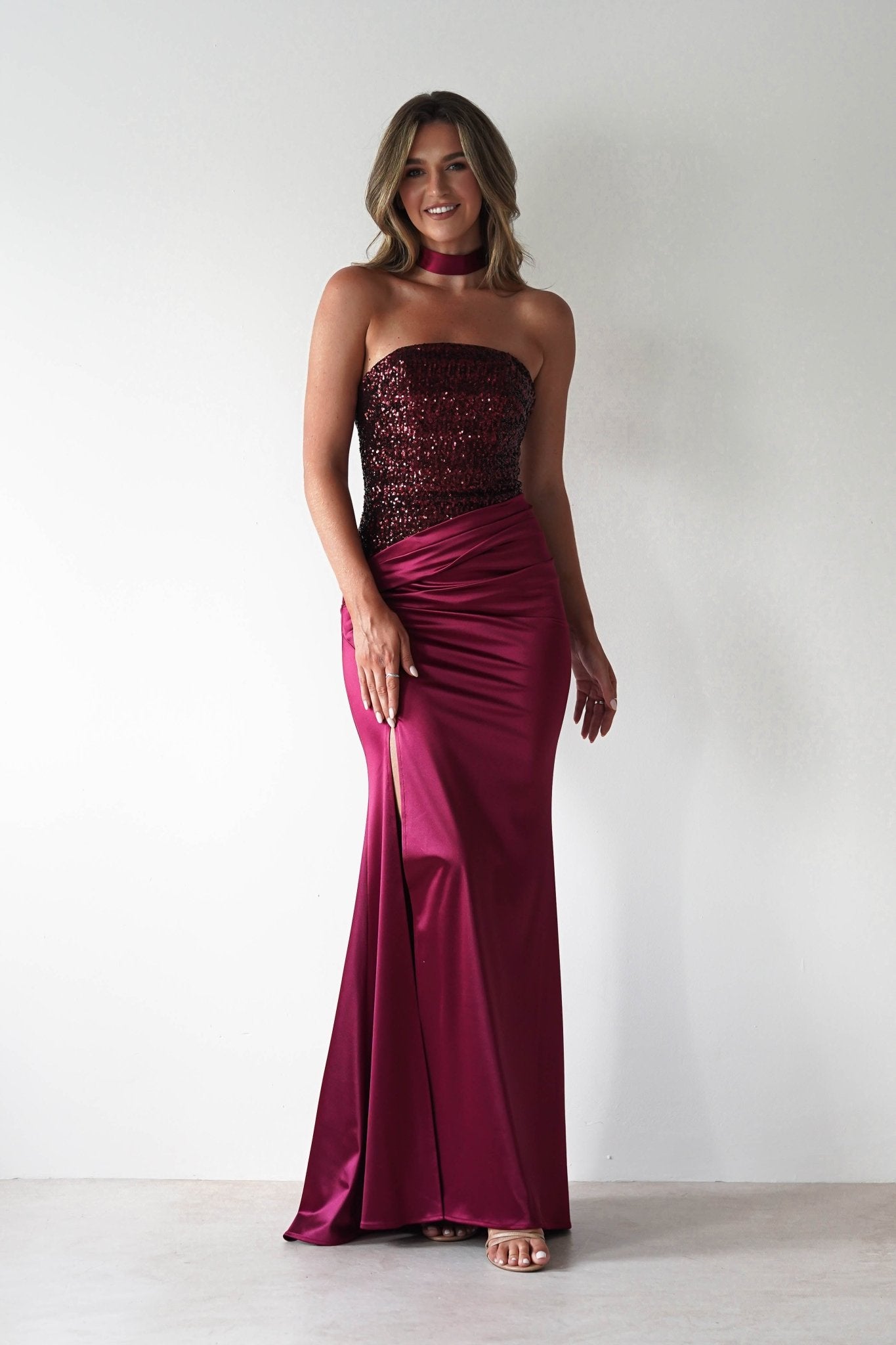 Elysia Sequin Embellished Bodice Gown | Wine | Oh Hello Clothing | XS (6)