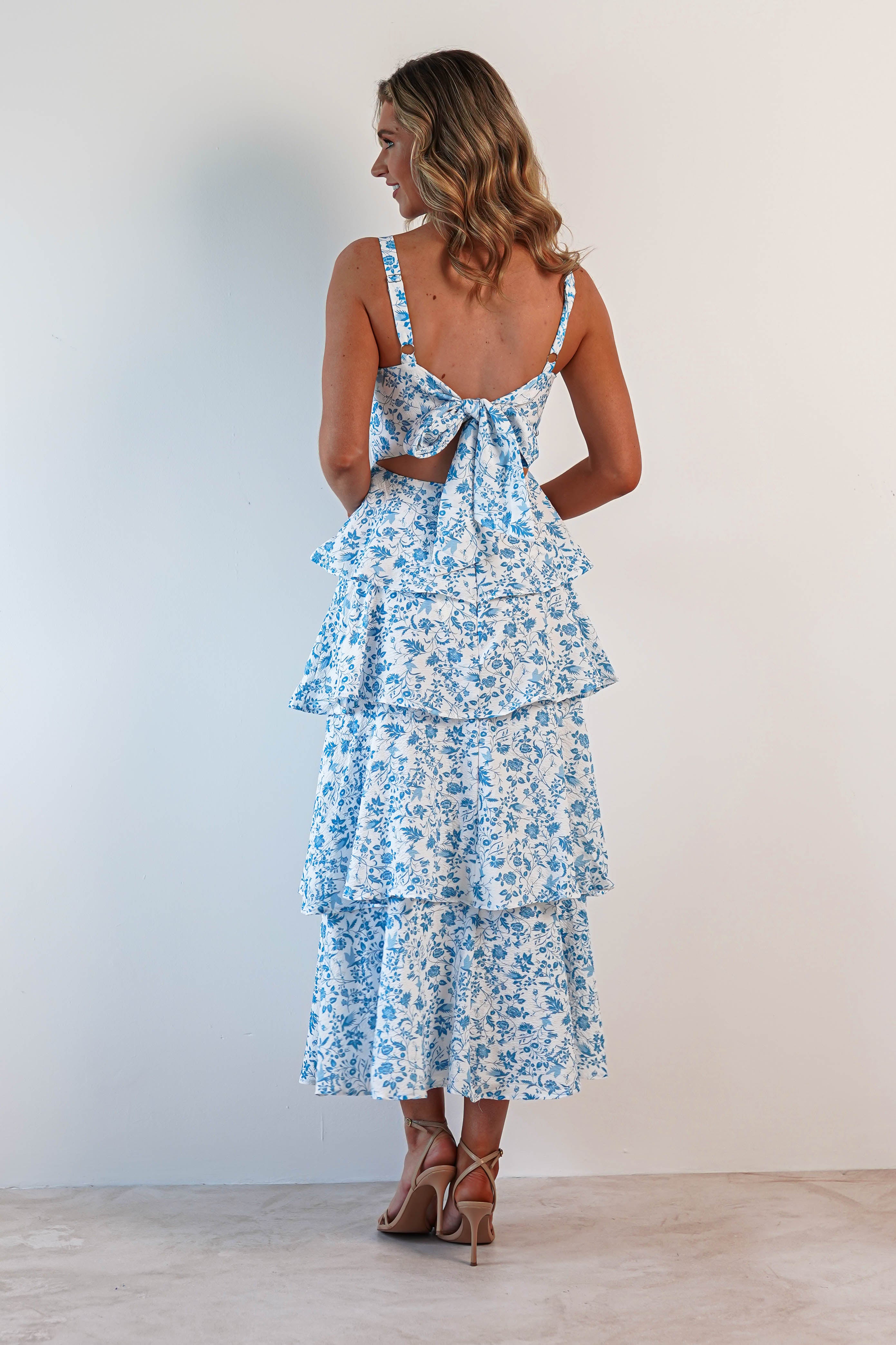 Emily Floral Ruffle Maxi Dress | Blue/White