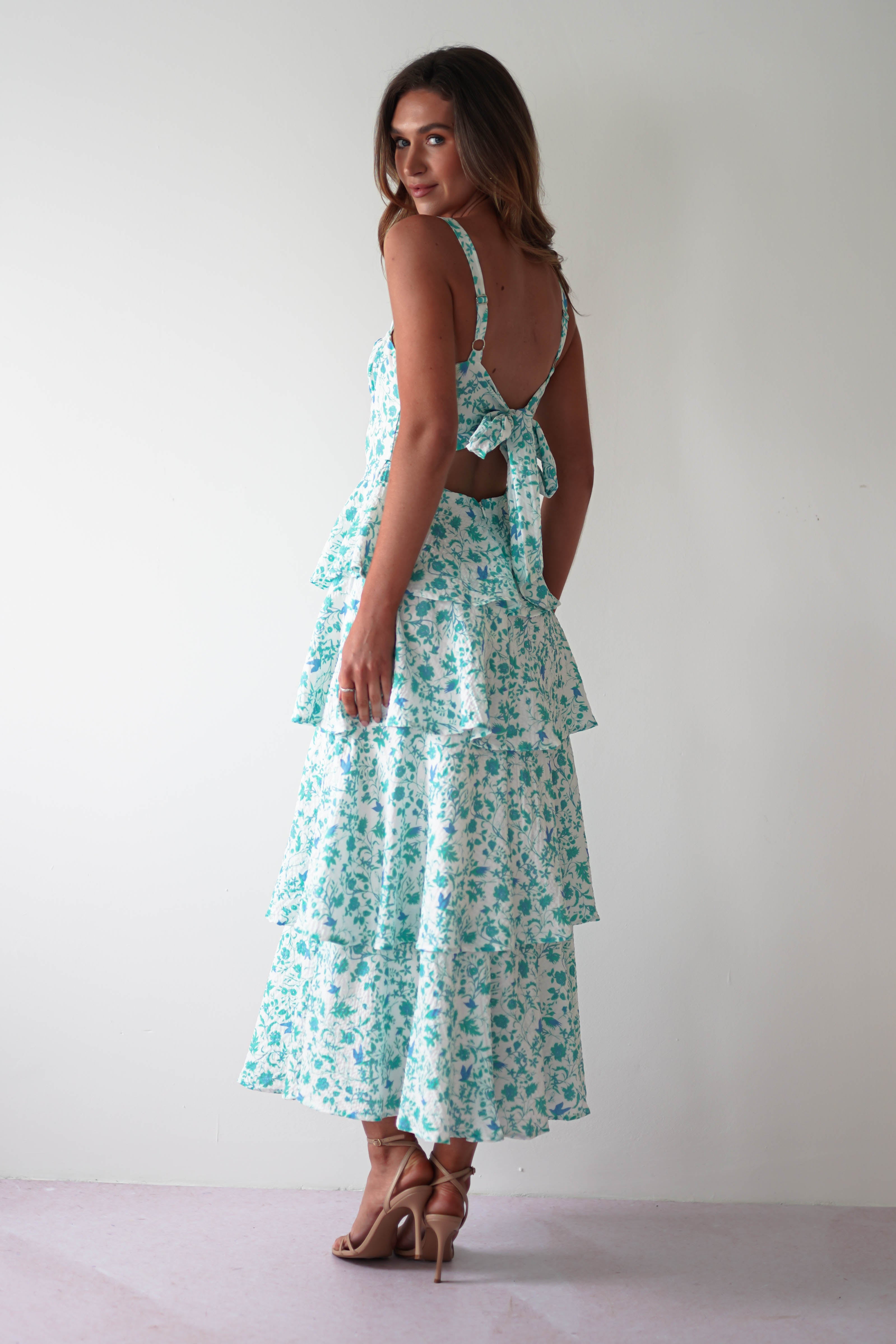 Emily Floral Ruffle Maxi Dress | Green/White