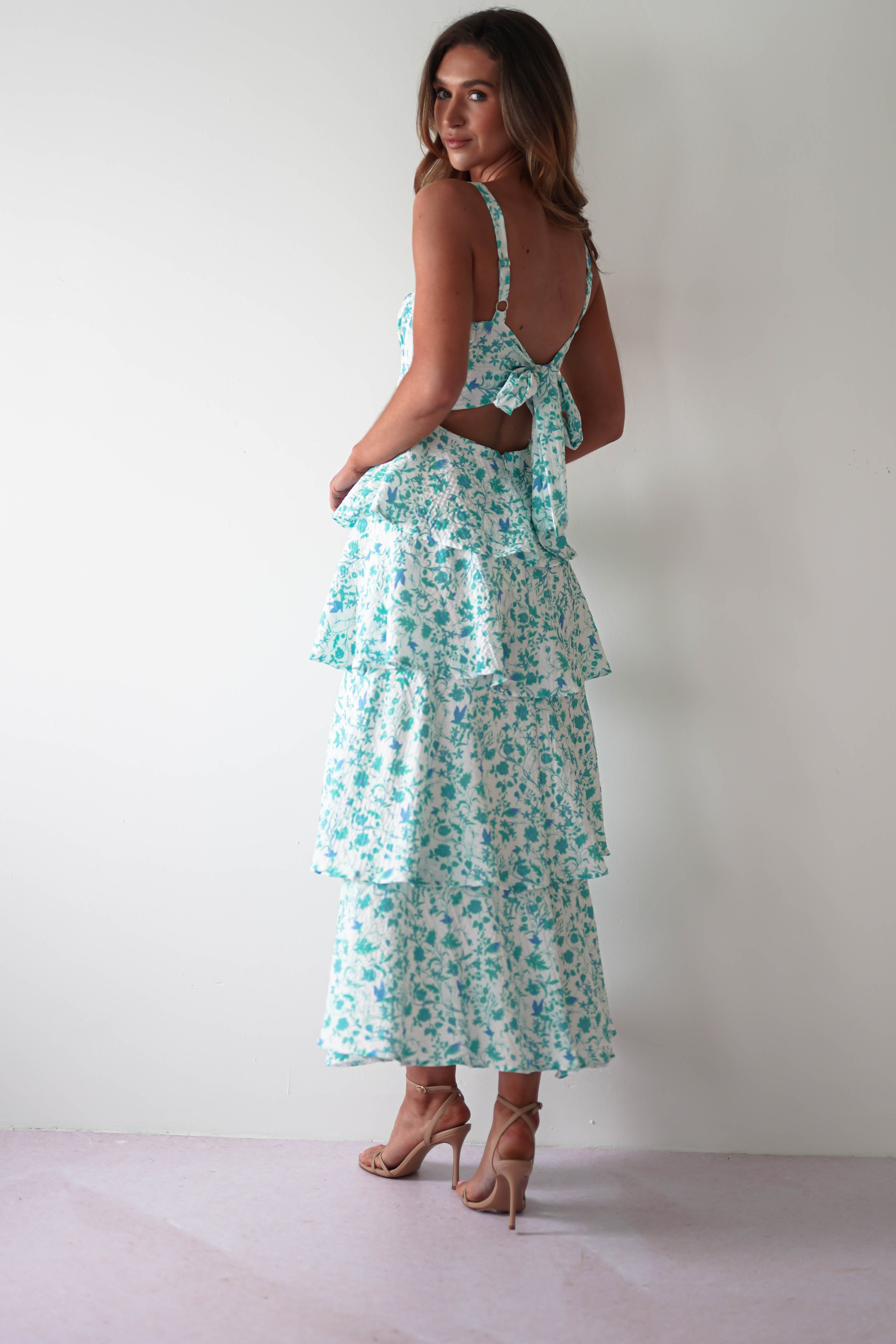 Emily Floral Ruffle Maxi Dress | Green/White