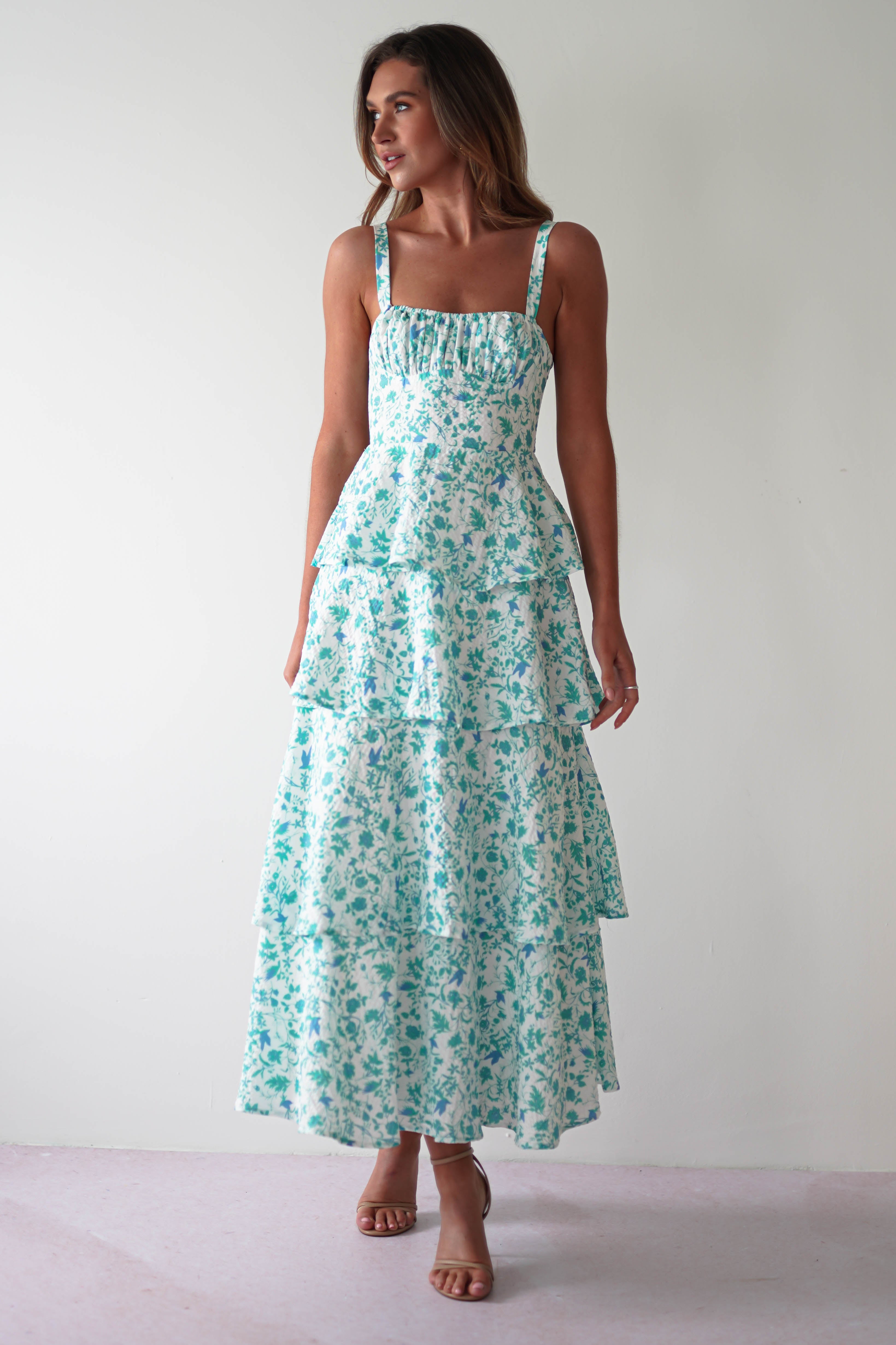 Emily Floral Ruffle Maxi Dress Green/White | Wedding Guest Dress | Maxi Oh Hello Clothing Emily Floral Ruffle Maxi Dress Green/White | Wedding Guest Dress | Maxi Oh Hello Clothing
