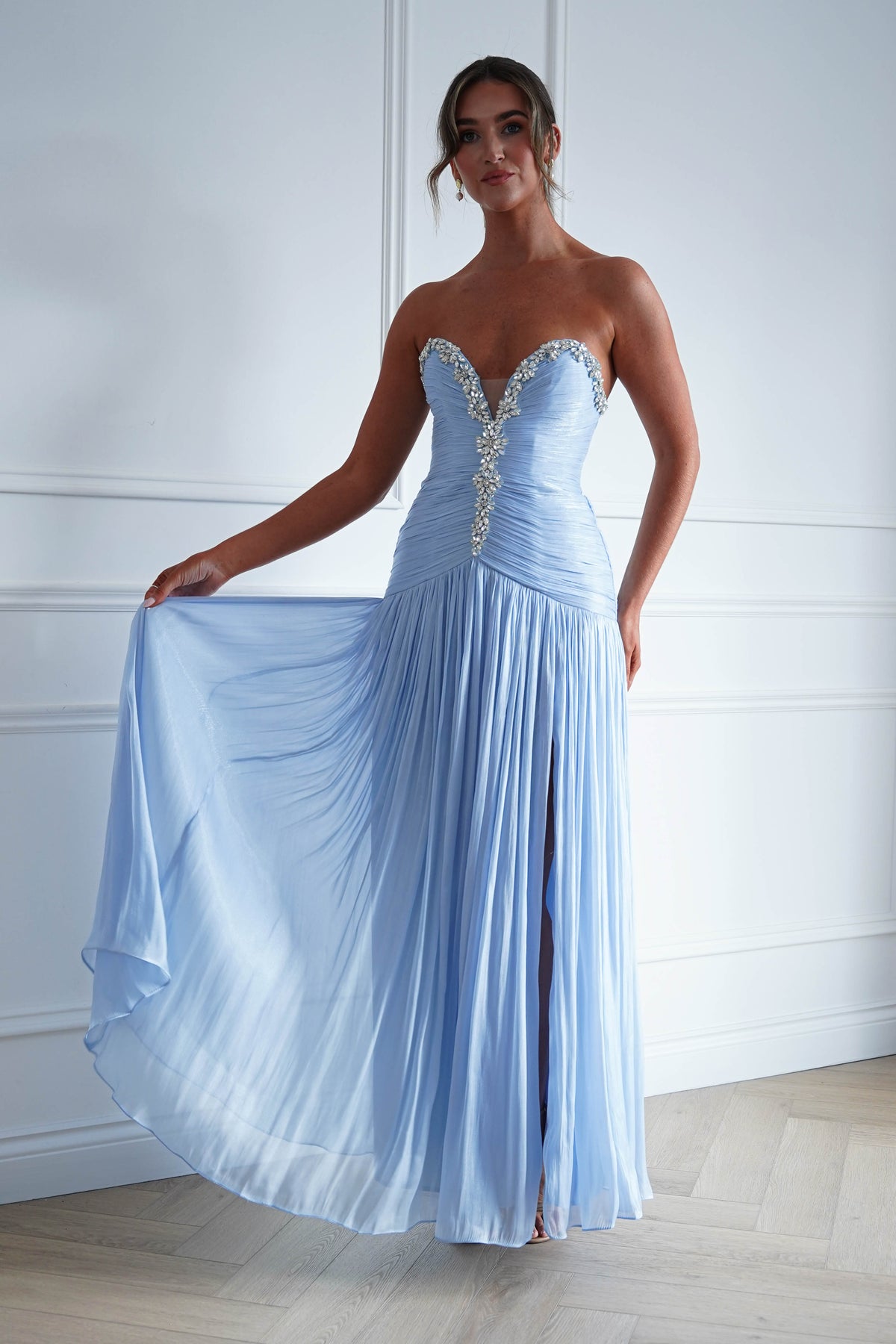 Oh Hello Clothing Dresses > Prom Dresses Estella Diamante Trim Ruched Maxi Gown | Blue