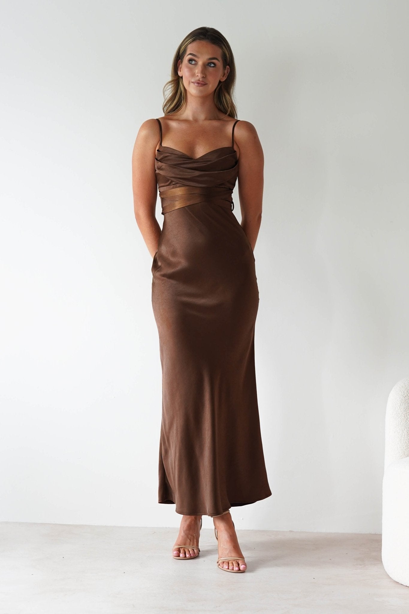 Everleigh Soft Satin Midaxi Dress | Brown | Oh Hello Clothing | XS (6)