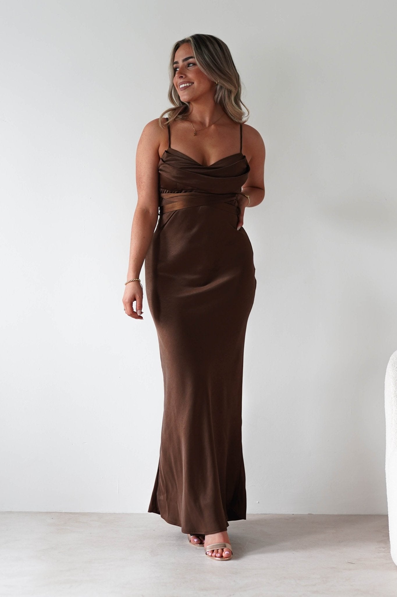 Everleigh Soft Satin Midaxi Dress | Brown | Oh Hello Clothing | XS (6)