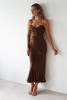 Everleigh Soft Satin Midaxi Dress Brown | Wedding Guest Dress | Satin | Oh Hello Clothing