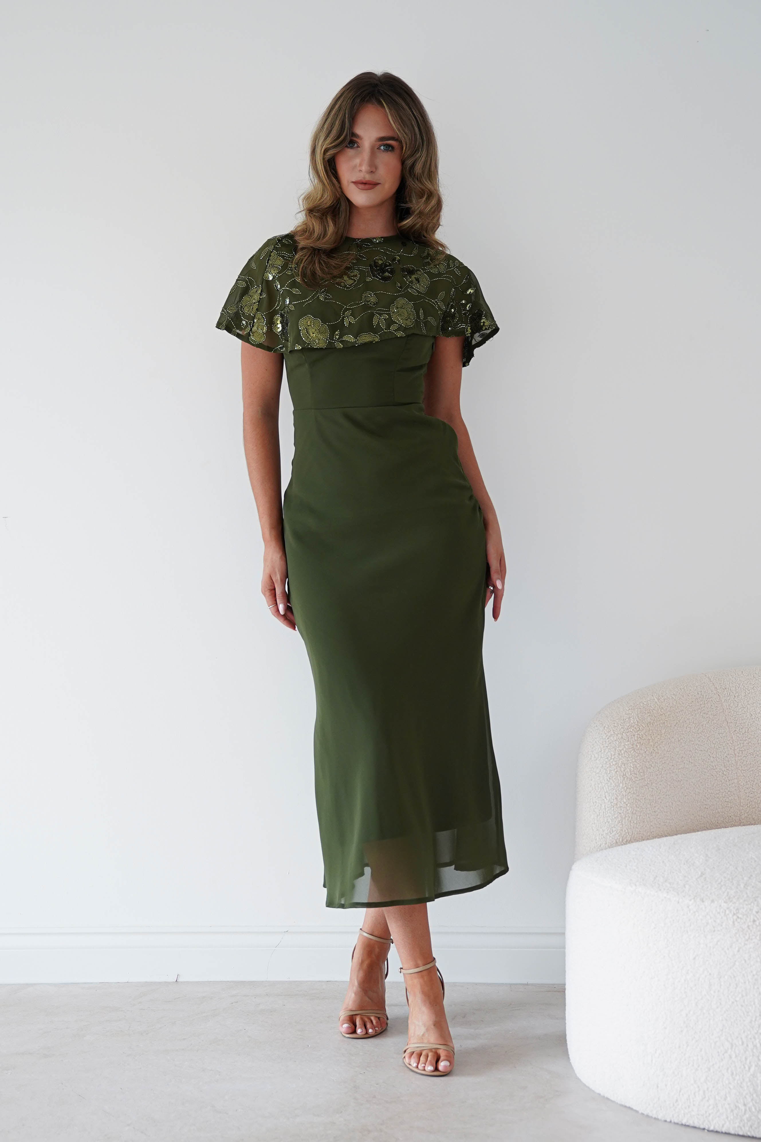 Oh Hello Clothing Women > Clothing > Dresses Fatima Sequin Cape Maxi Dress | Olive