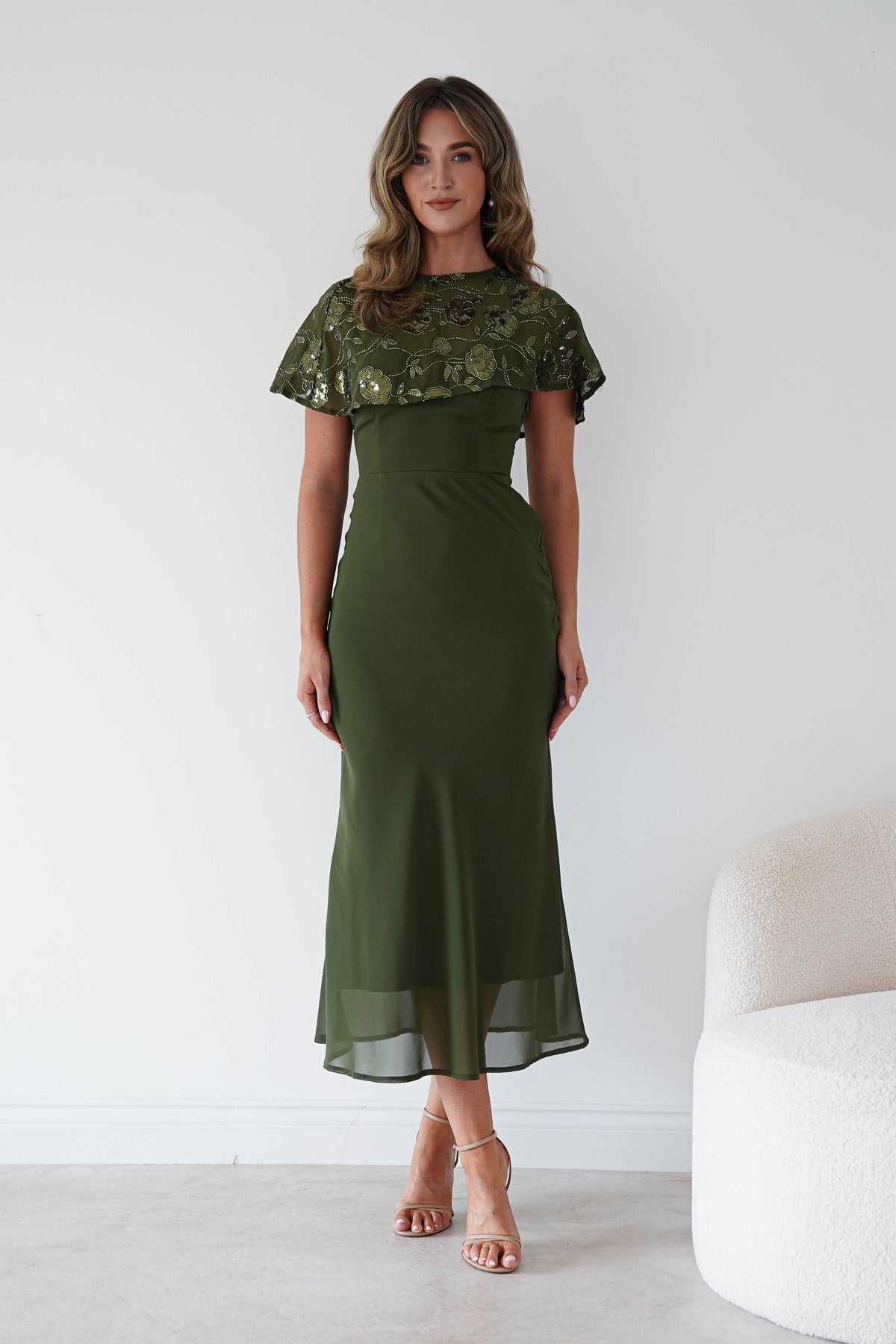 Oh Hello Clothing Women > Clothing > Dresses Fatima Sequin Cape Maxi Dress | Olive