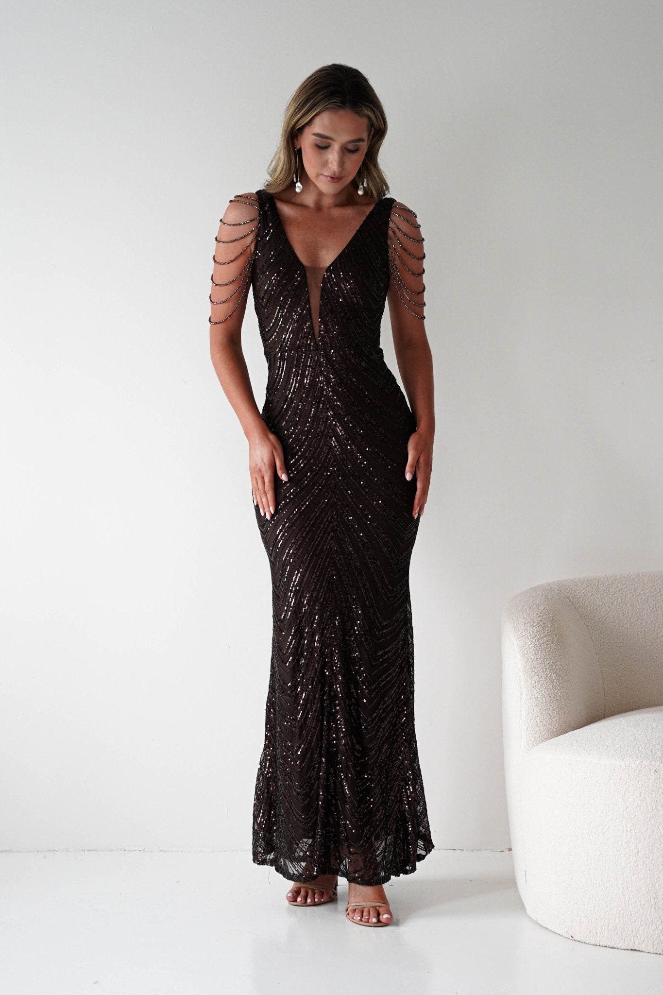 Fayette Embellished Sequin Gown | Brown | Debs & Prom | Oh Hello Clothing