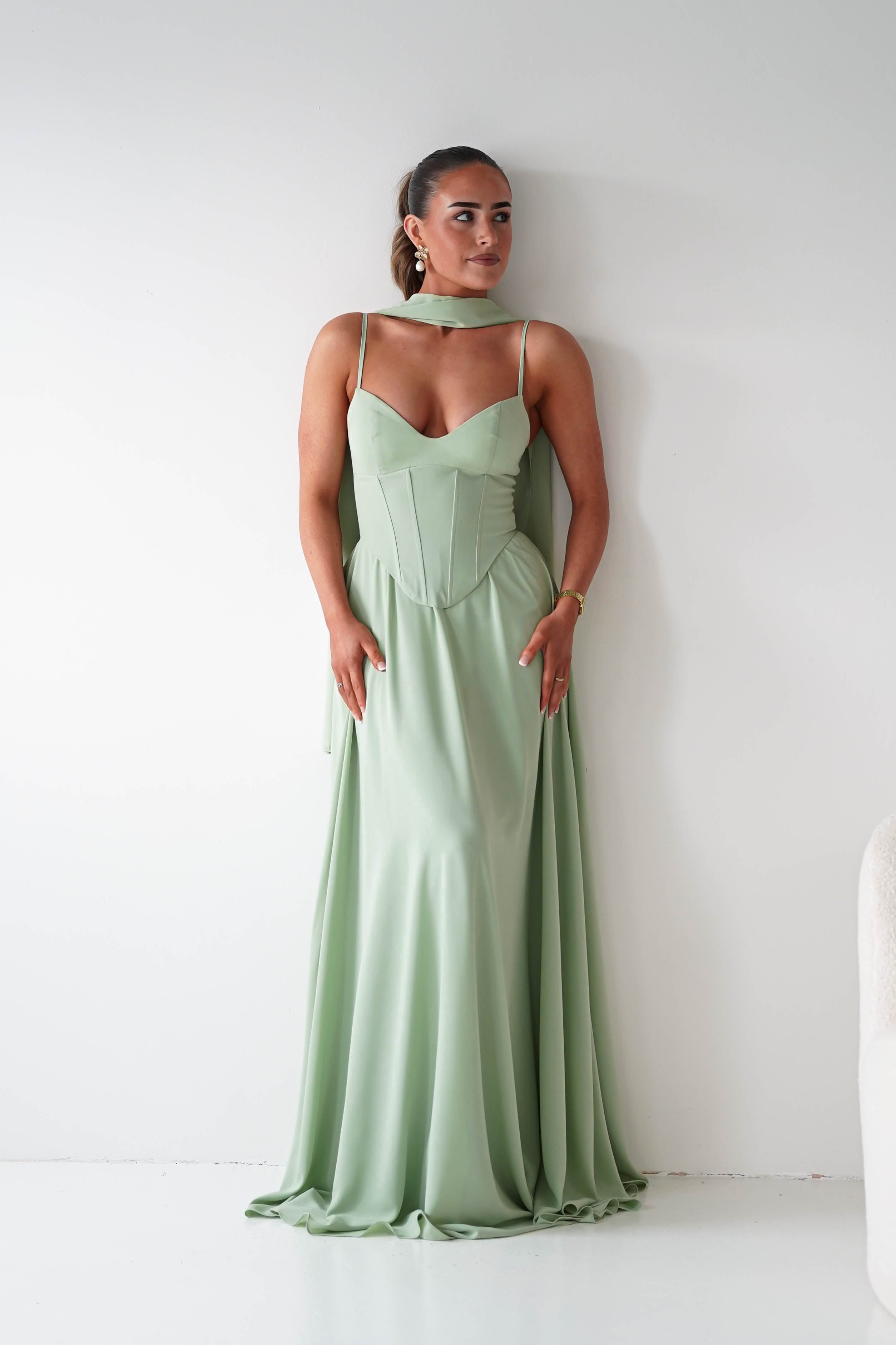 Oh Hello Clothing Dresses > Prom Dresses Felicity Lace Up Corset Maxi Dress | Sage