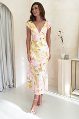 Finne Floral Satin Midi Dress | Yellow Print