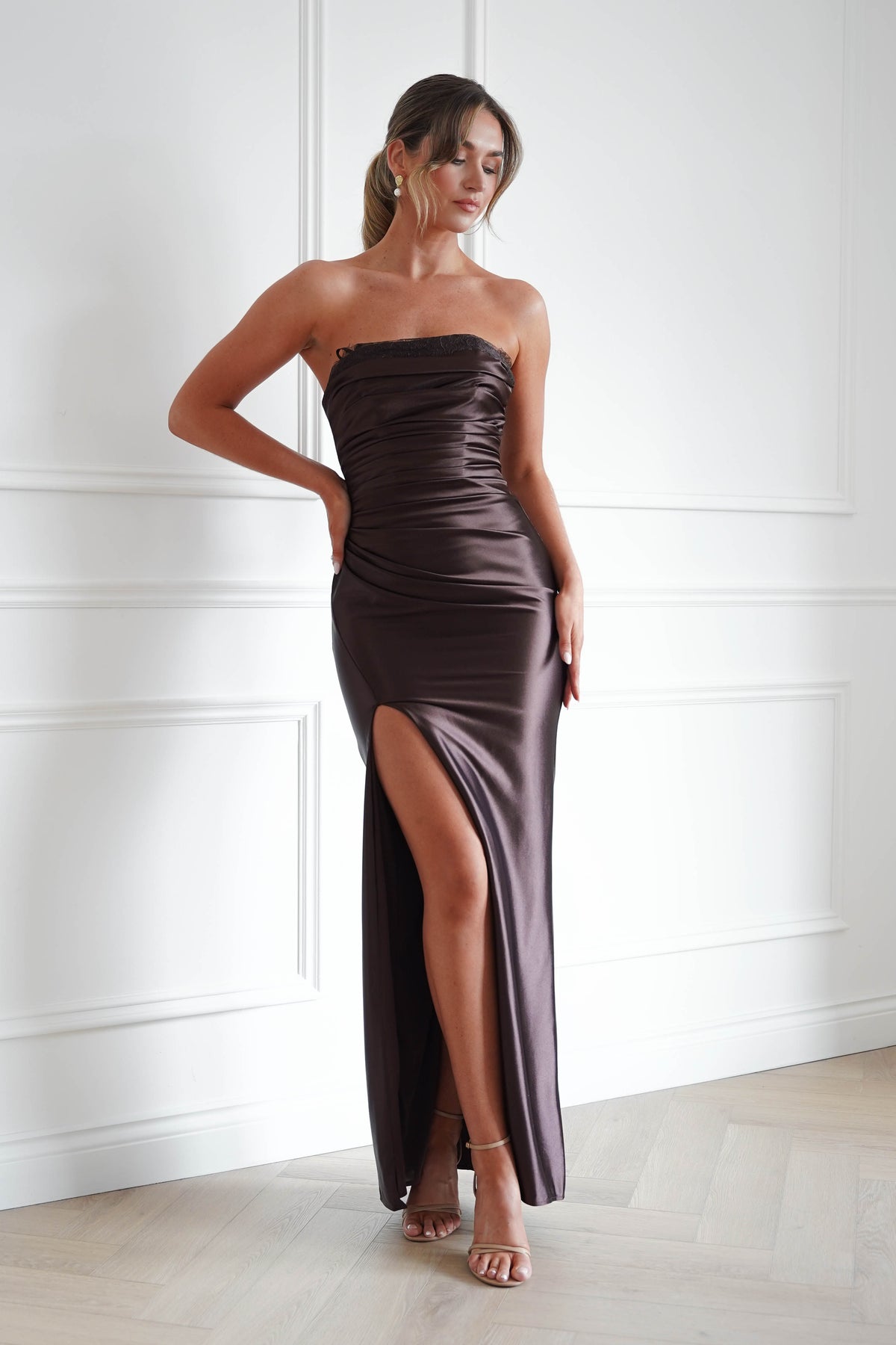 Oh Hello Clothing Dresses > Prom Dresses Flo Satin Lace Detail Maxi Dress | Brown