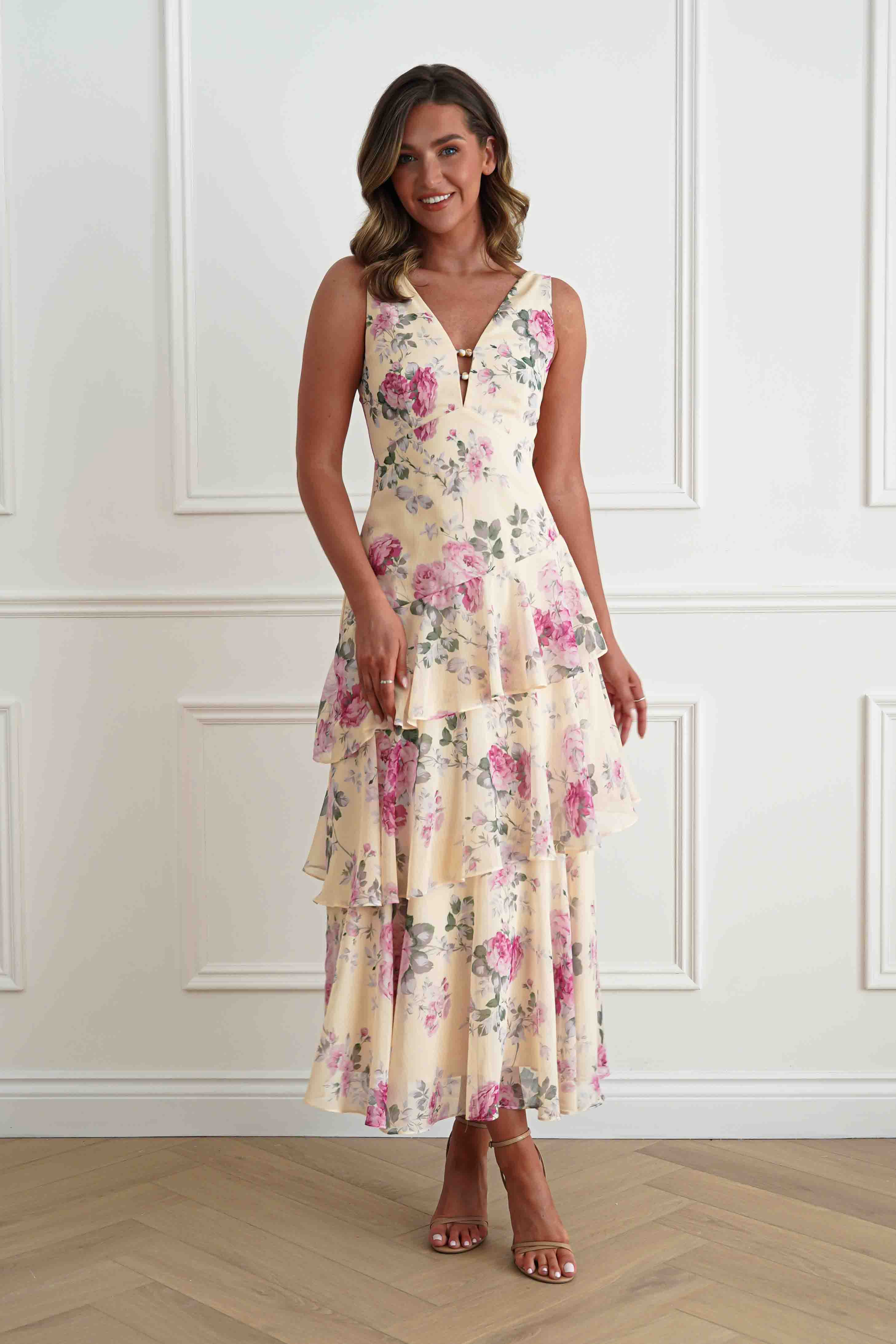Oh Hello Clothing Women > Clothing > Dresses Flora Tiered Floral Print Maxi Dress | Yellow