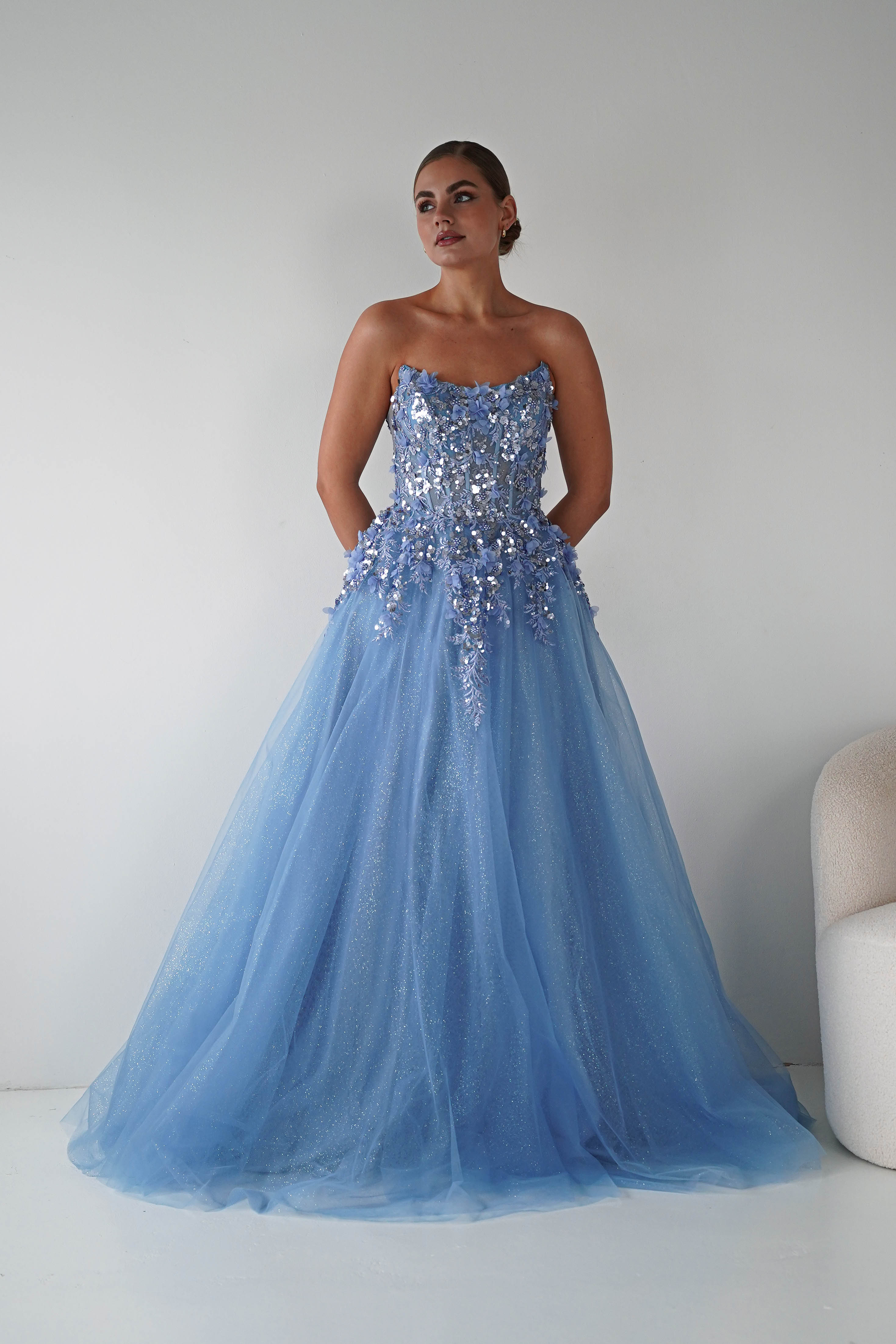 Oh Hello Clothing Women > Clothing > Dresses Francesca Strapless Floral Appliqué Ball Gown | Blue