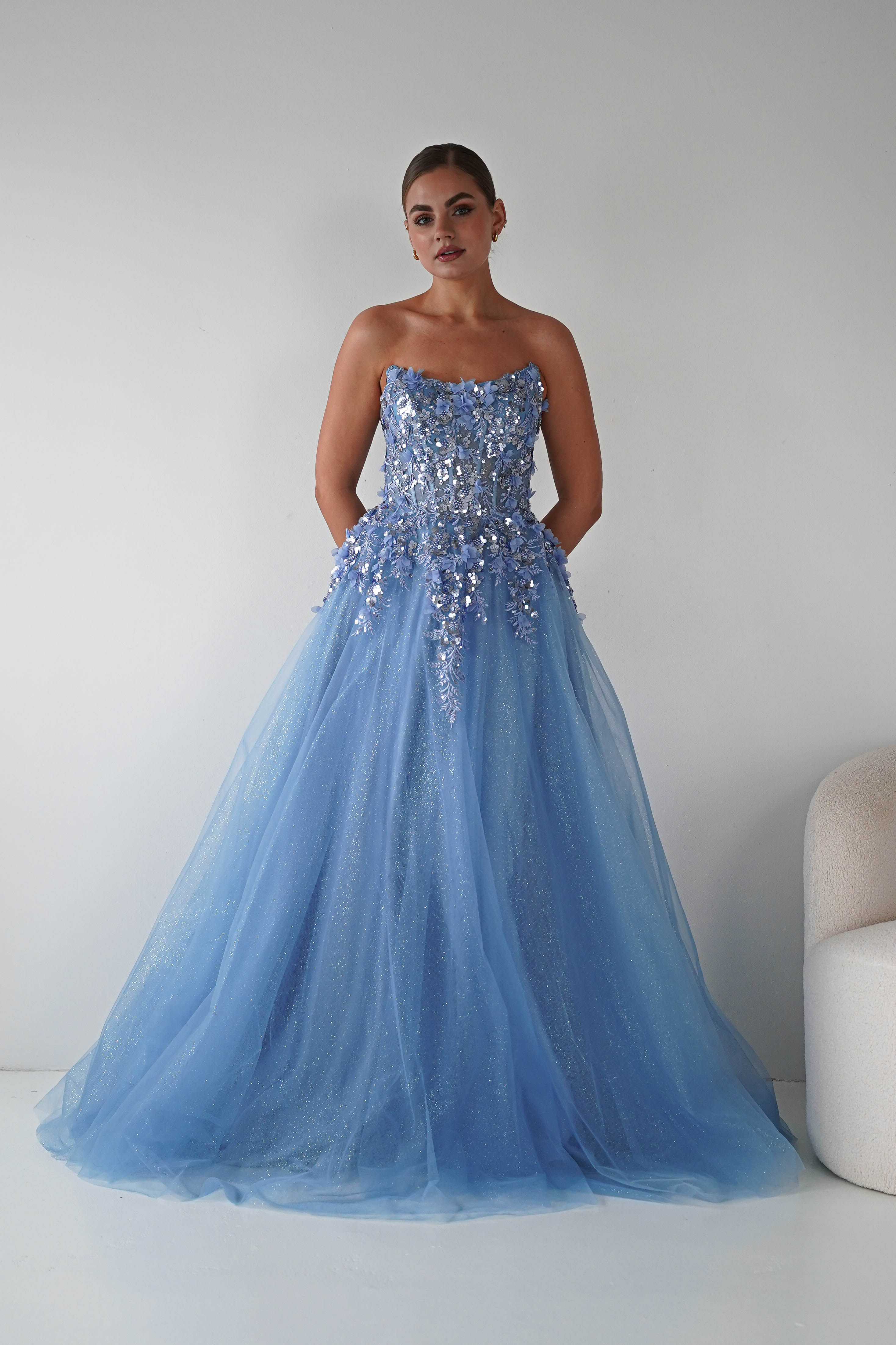 Oh Hello Clothing Women > Clothing > Dresses Francesca Strapless Floral Appliqué Ball Gown | Blue