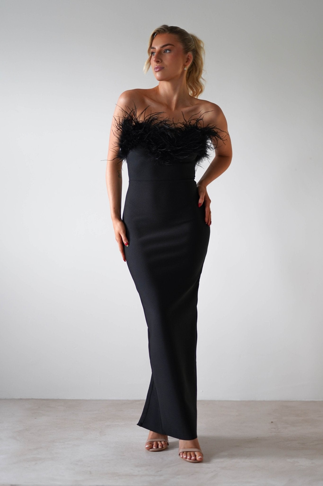 Gabbie Feather Bodycon Bandage Dress | Black | Oh Hello Clothing | S (8)