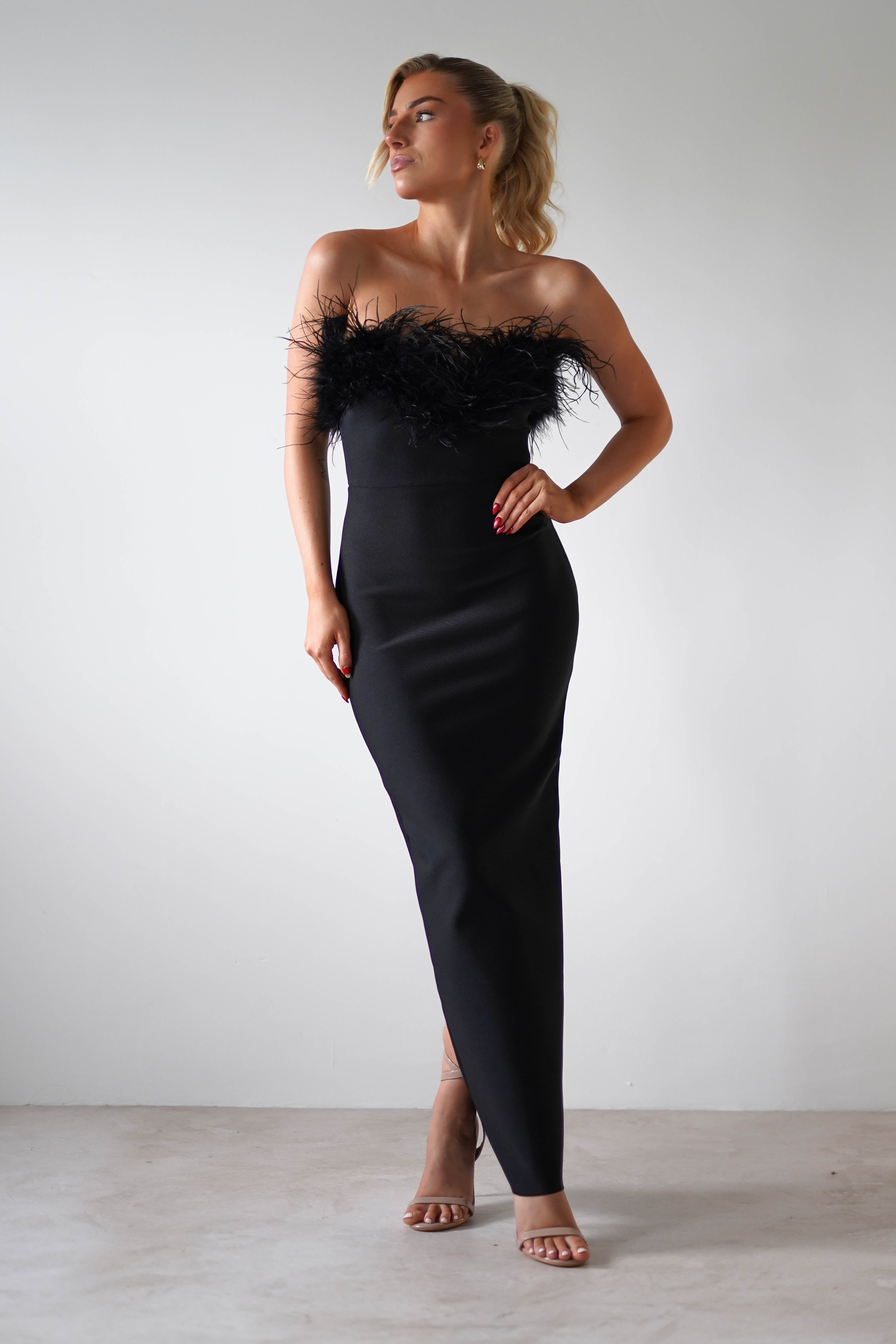 Gabbie Feather Bodycon Bandage Dress | Black