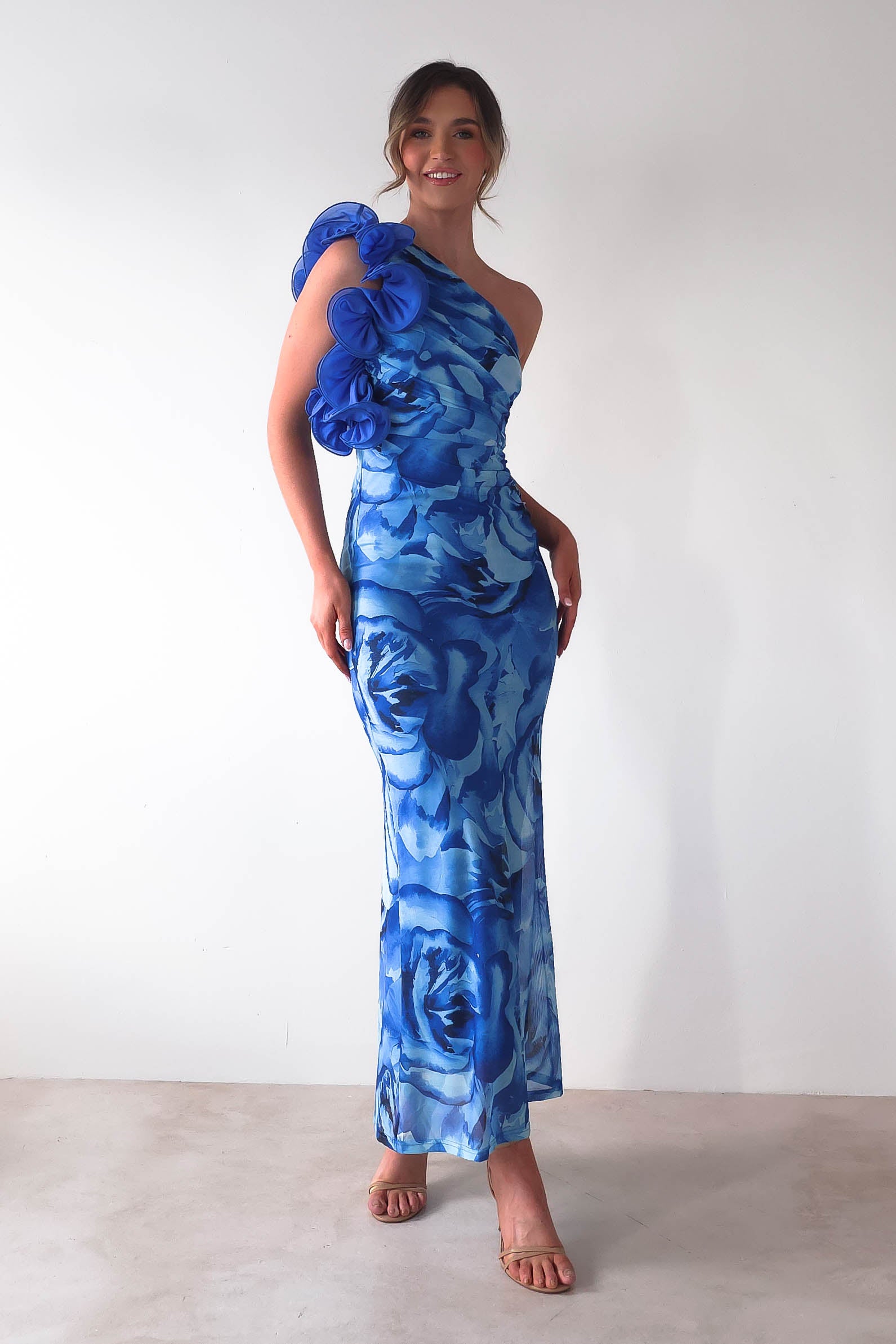 Genie Ruffle Printed Maxi Dress | Blue