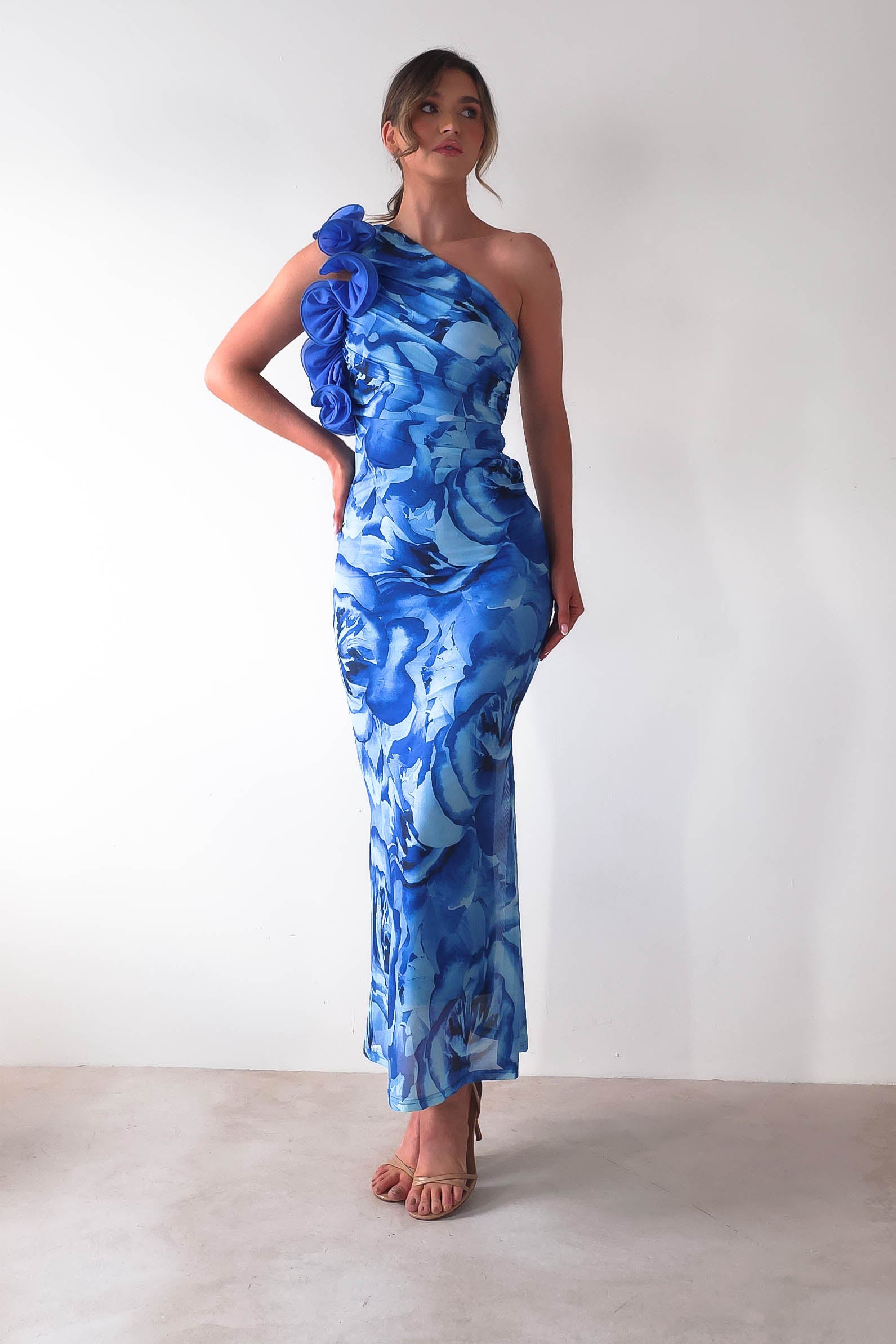 Genie Ruffle Printed Maxi Dress | Blue