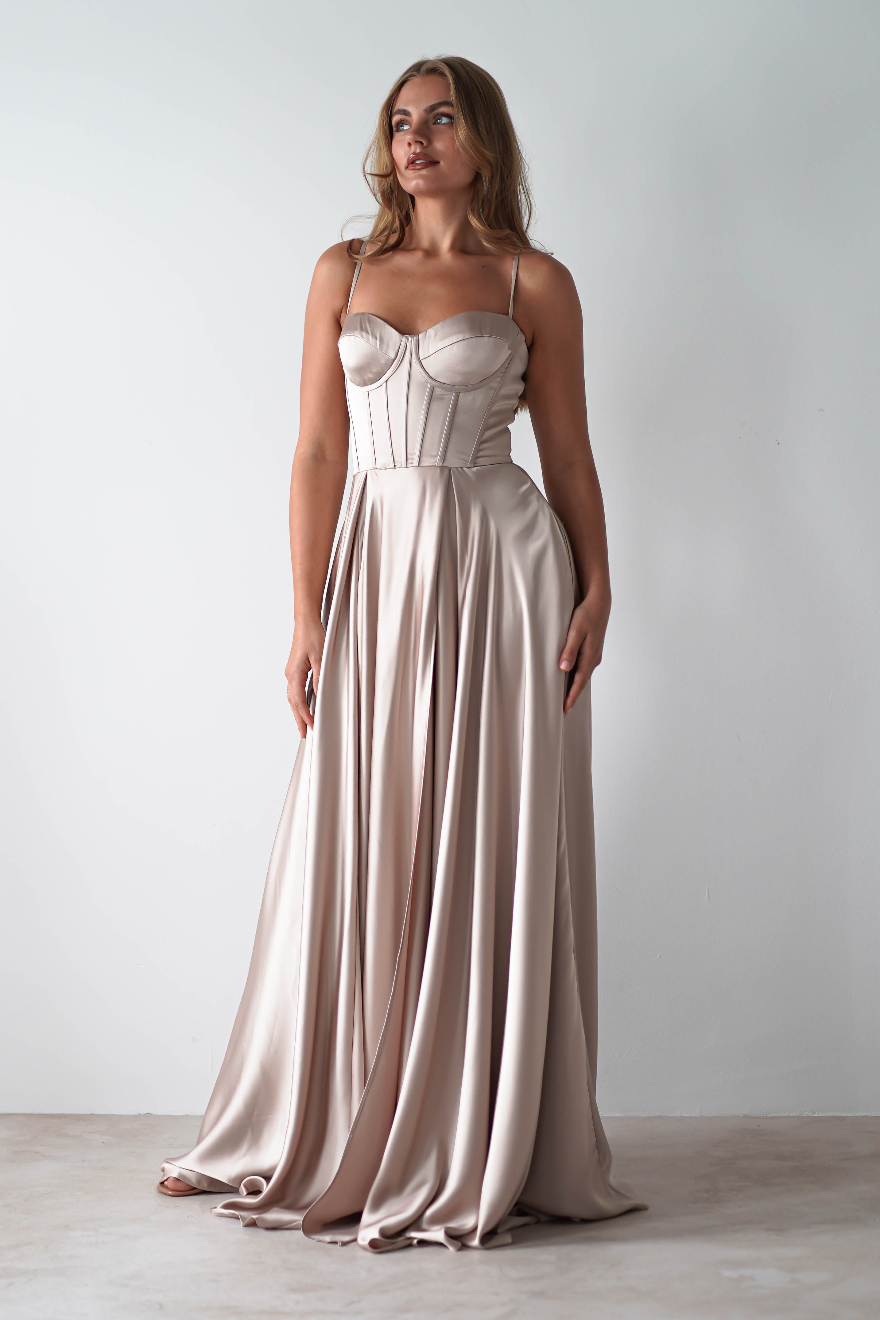 Georgia Soft Satin Maxi Gown | Champange