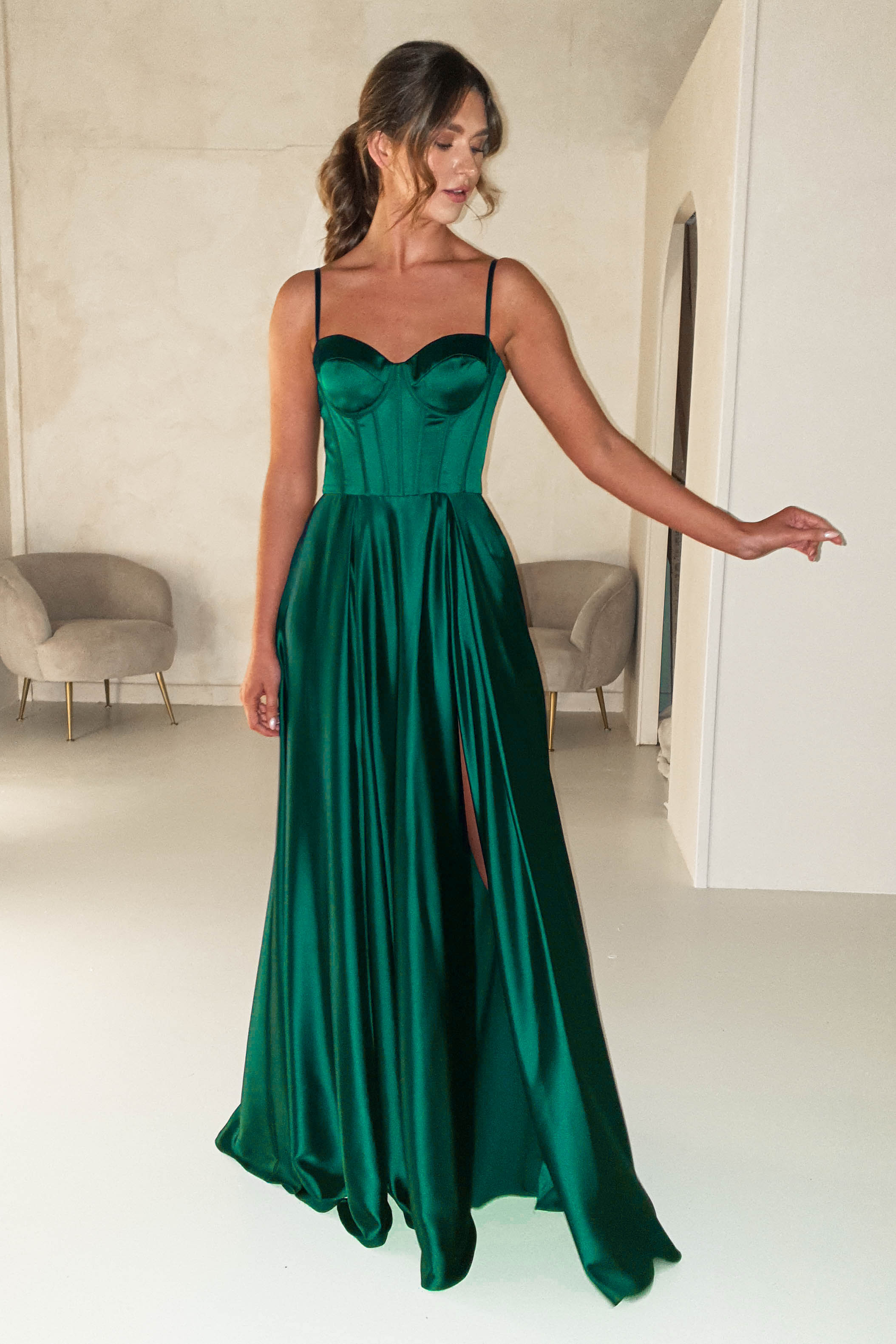 Georgia Soft Satin Maxi Gown | Emerald Green