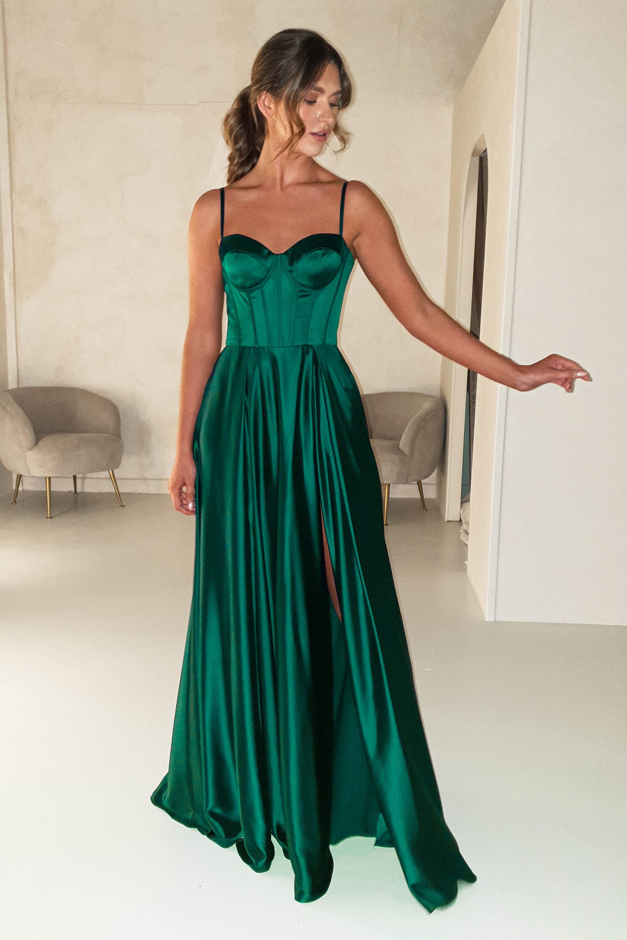 Georgia Soft Satin Maxi Gown | Emerald Green – Oh Hello Clothing