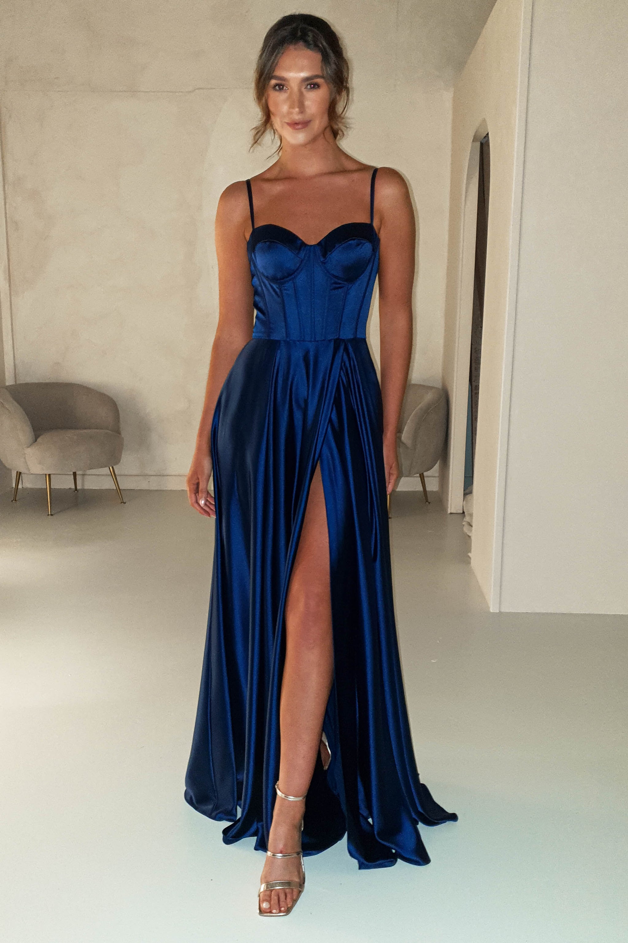 Soft Satin Maxi Gown Navy Blue Oh Hello Clothing