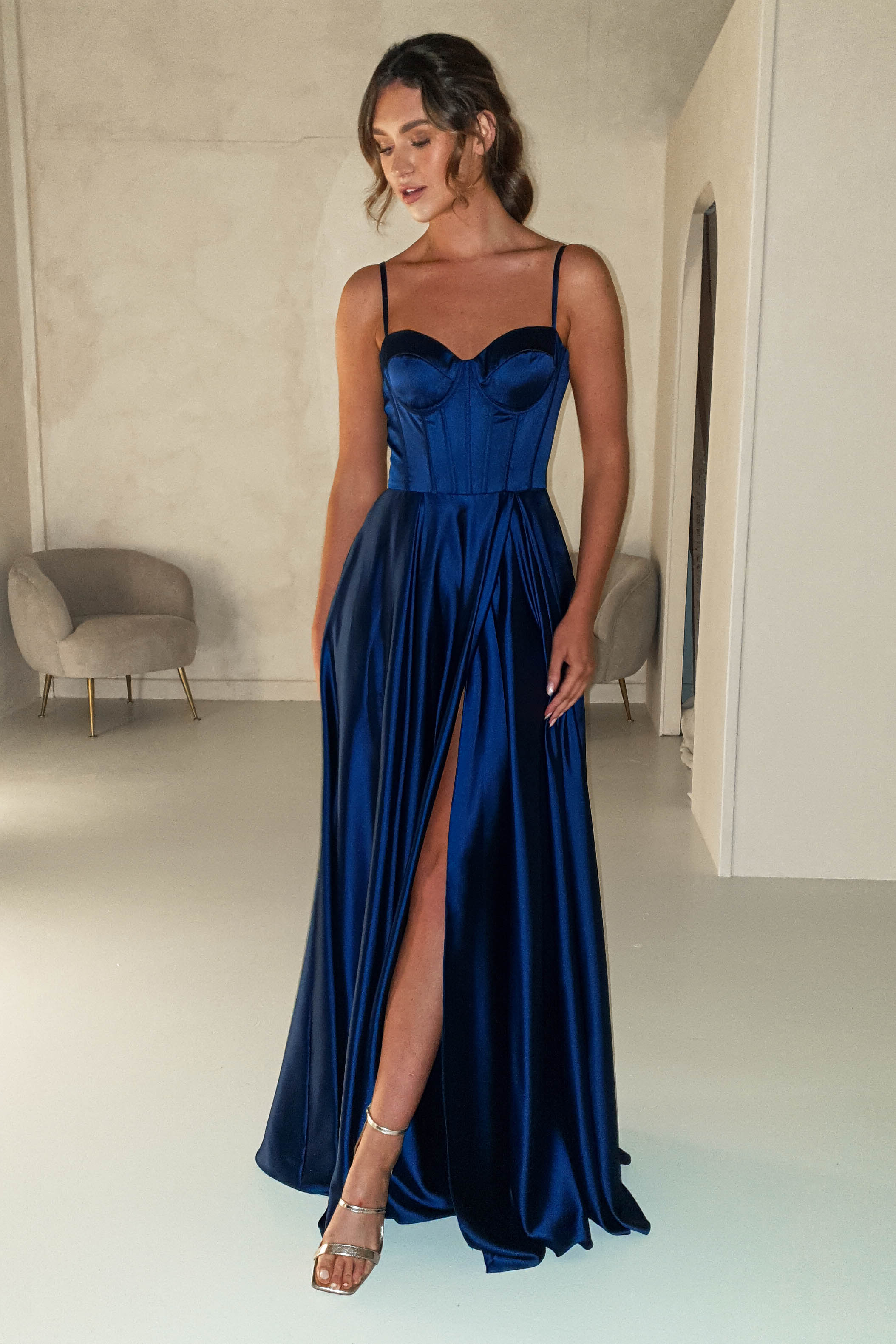 Georgia Soft Satin Maxi Gown | Navy Blue