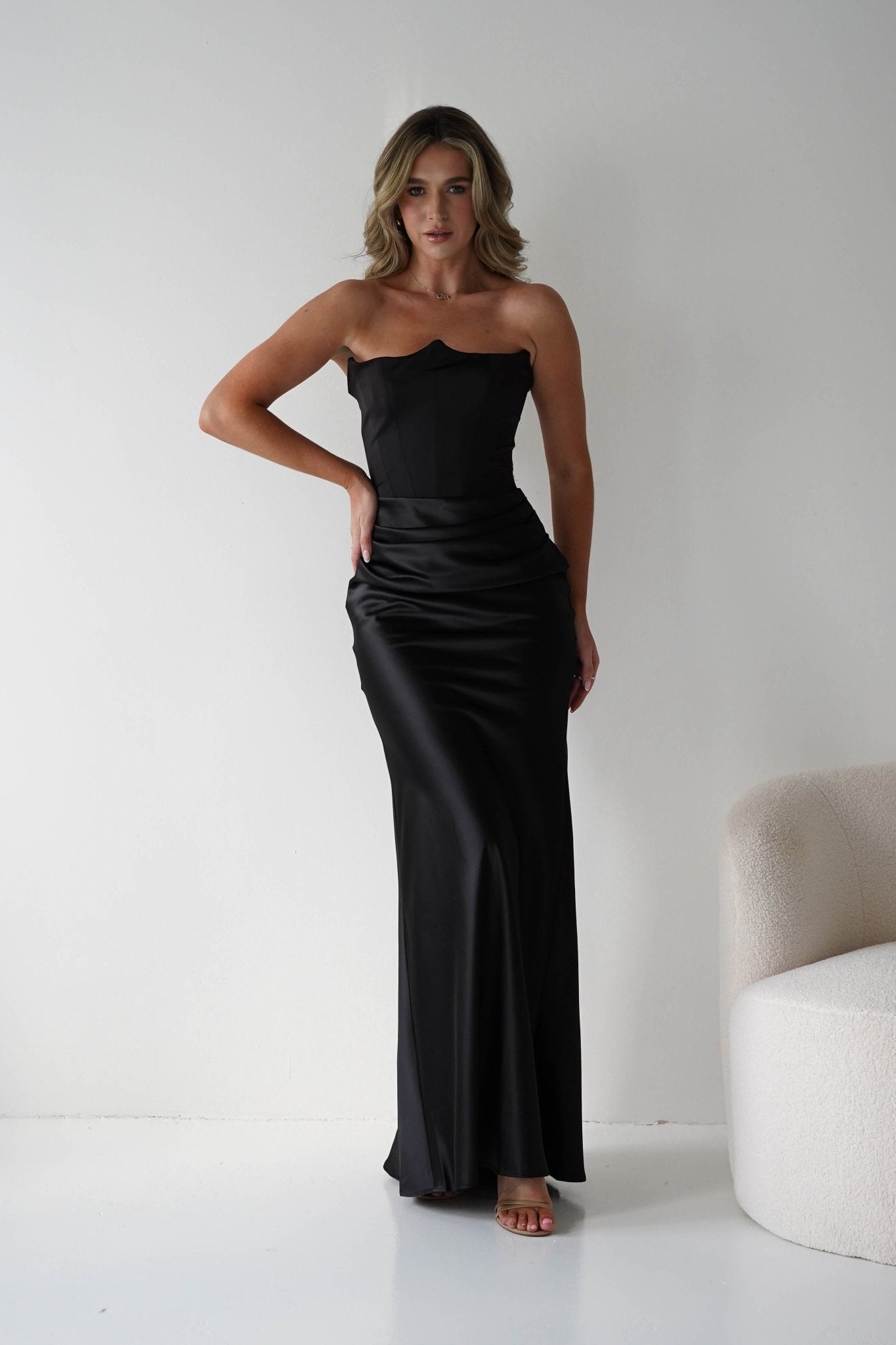Giselle Corset Satin Maxi Dress Black | Black Tie Evening Dress