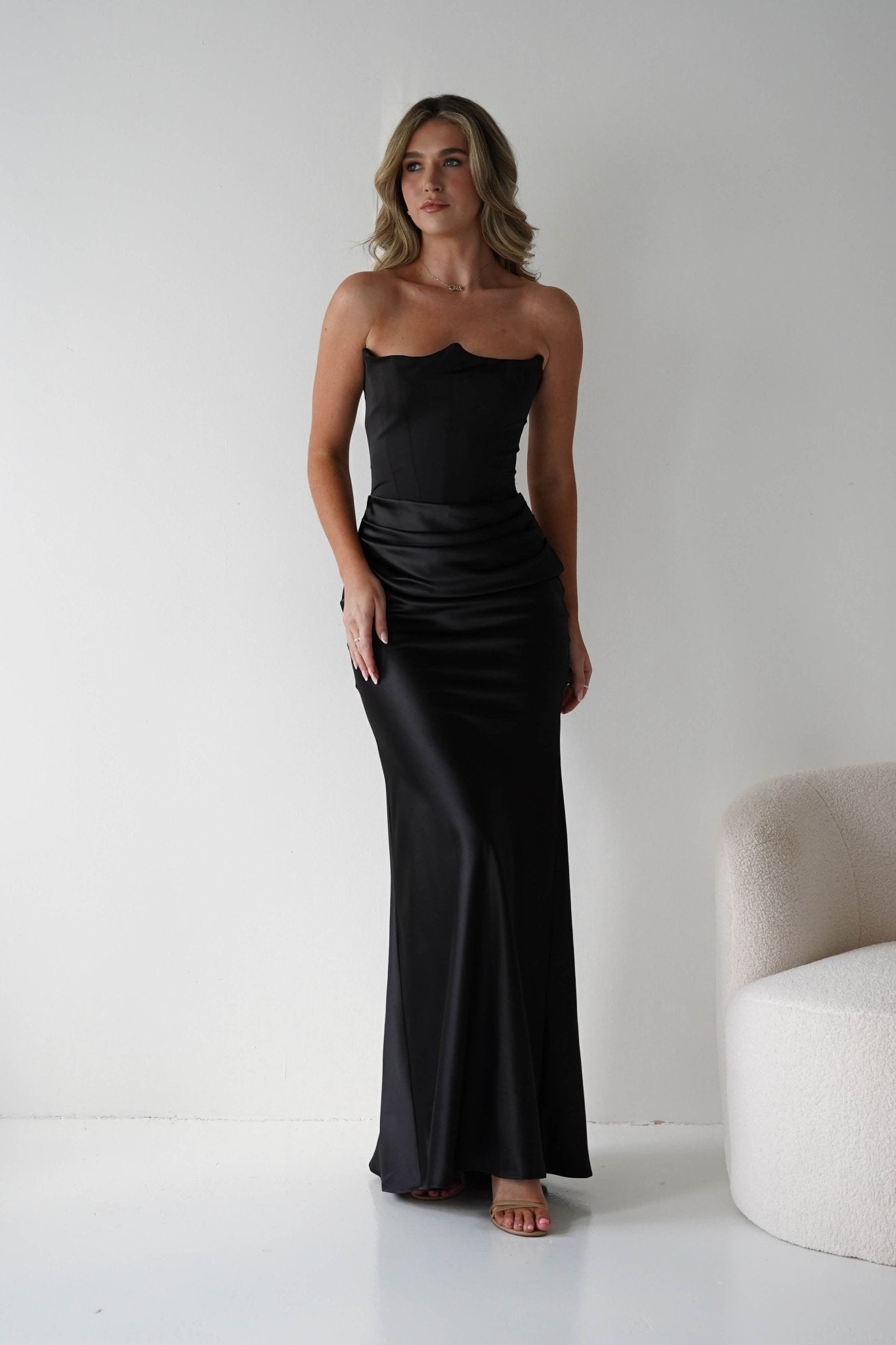 Giselle Corset Satin Maxi Dress Black | Black Tie Evening Dress