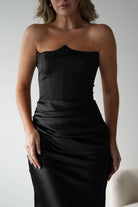 Giselle Corset Satin Maxi Dress Black | Black Tie Evening Dress | Corset Bodice | Maxi | Oh Hello Clothing