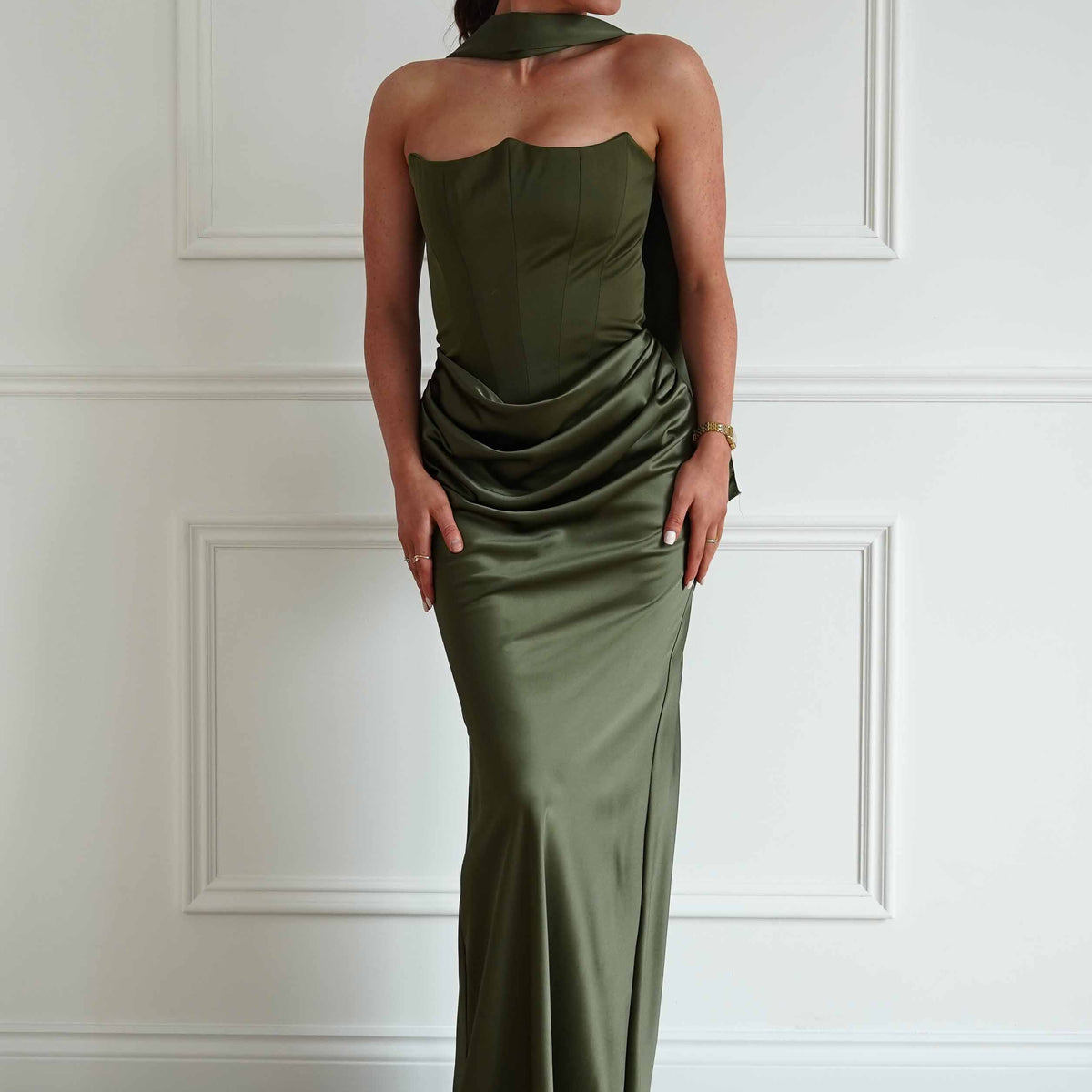 bridesmaid dresses olive green Dove Satin Halter Dress A-Line Floor-Length Find your fit today Sheath Sweep-Brush Train Luxe Satin
