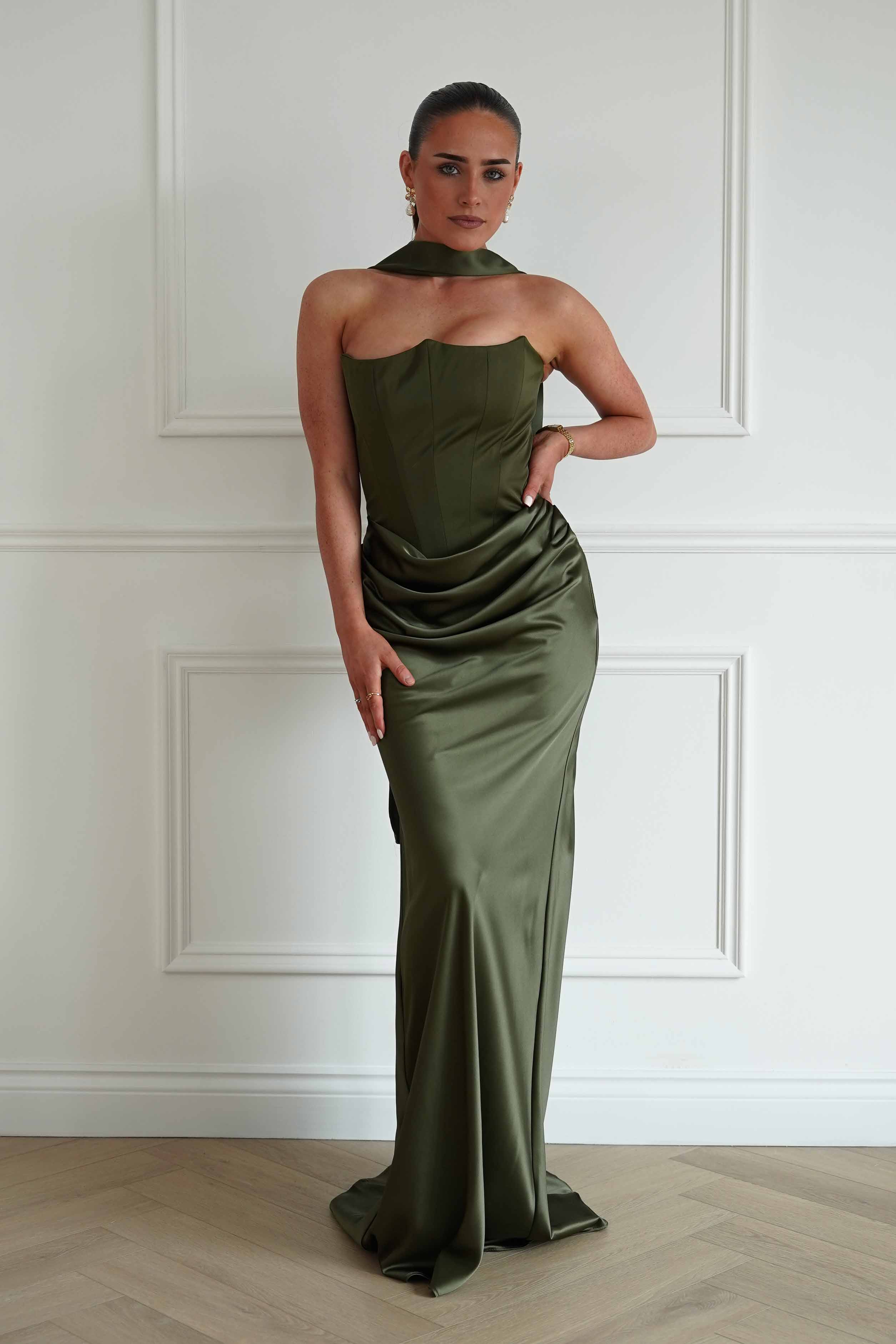 Oh Hello Clothing Dresses > Prom Dresses Giselle Corset Satin Maxi Dress | Olive