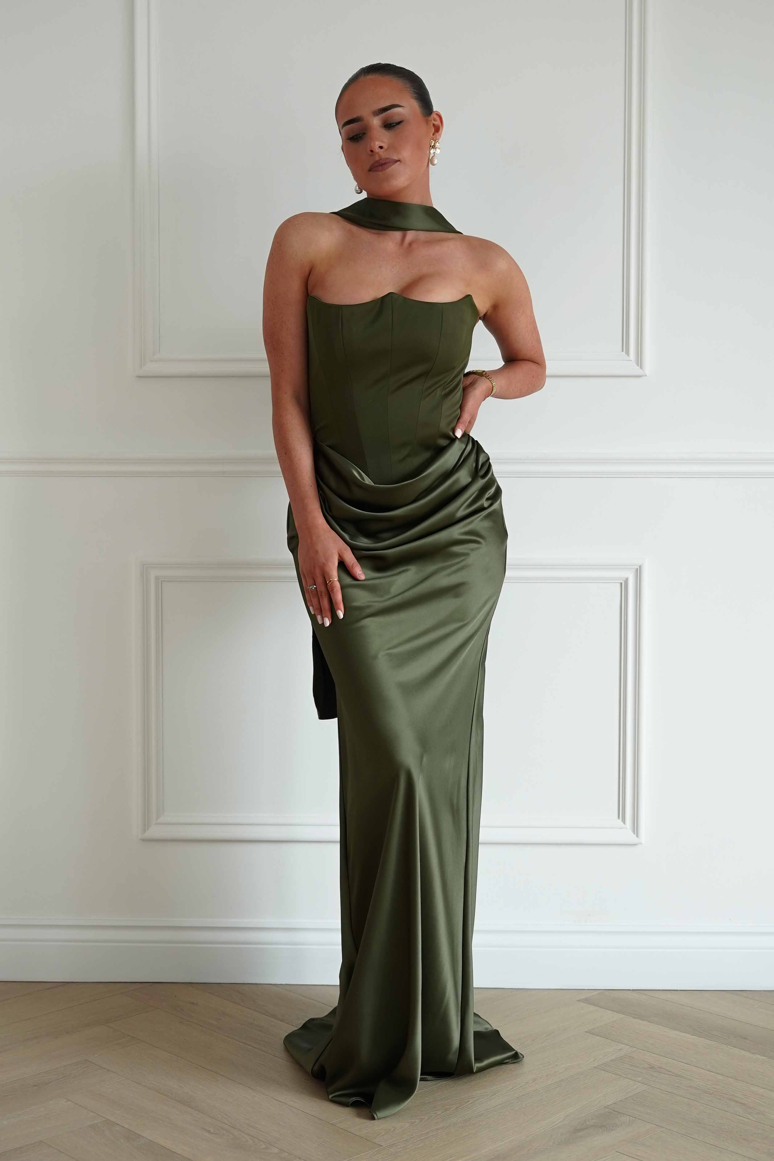 Oh Hello Clothing Dresses > Prom Dresses Giselle Corset Satin Maxi Dress | Olive