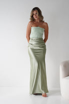 Giselle Corset Satin Maxi Dress Sage | Wedding Guest Dress | Corset Bodice | Maxi | Oh Hello Clothing
