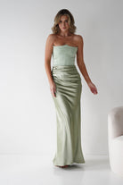 Giselle Corset Satin Maxi Dress Sage | Wedding Guest Dress | Corset Bodice | Maxi | Oh Hello Clothing