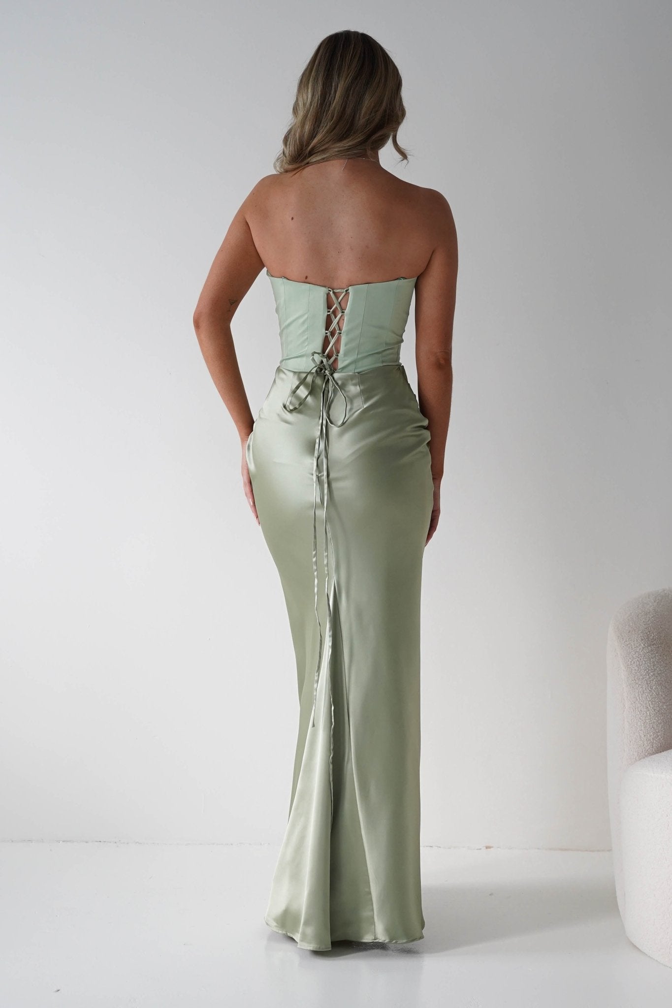 Giselle Corset Satin Maxi Dress Sage | Wedding Guest Dress | Corset Bodice