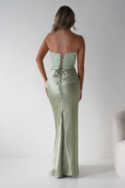 Giselle Corset Satin Maxi Dress Sage | Wedding Guest Dress | Corset Bodice | Maxi | Oh Hello Clothing