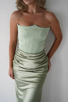 Giselle Corset Satin Maxi Dress Sage | Wedding Guest Dress | Corset Bodice | Maxi | Oh Hello Clothing